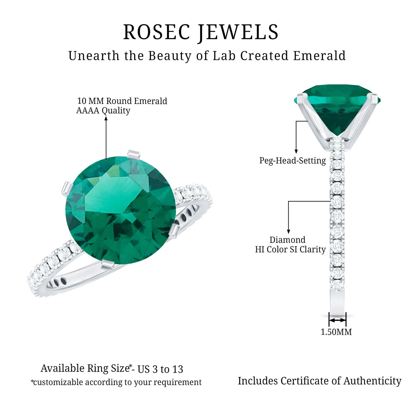 Certified 10 mm Lab Grown Emerald Huge Engagement Ring with Diamond