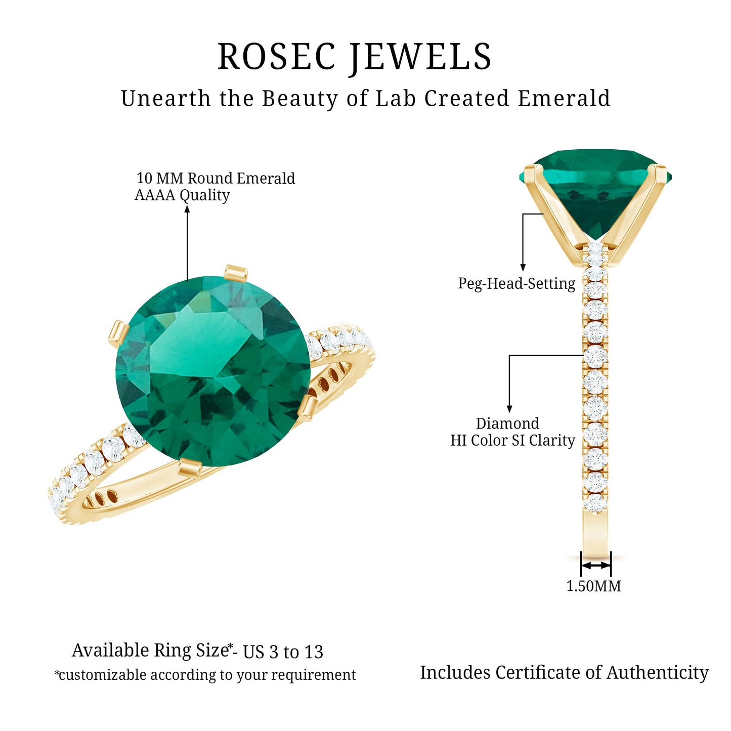 Certified 10 mm Lab Grown Emerald Huge Engagement Ring with Diamond