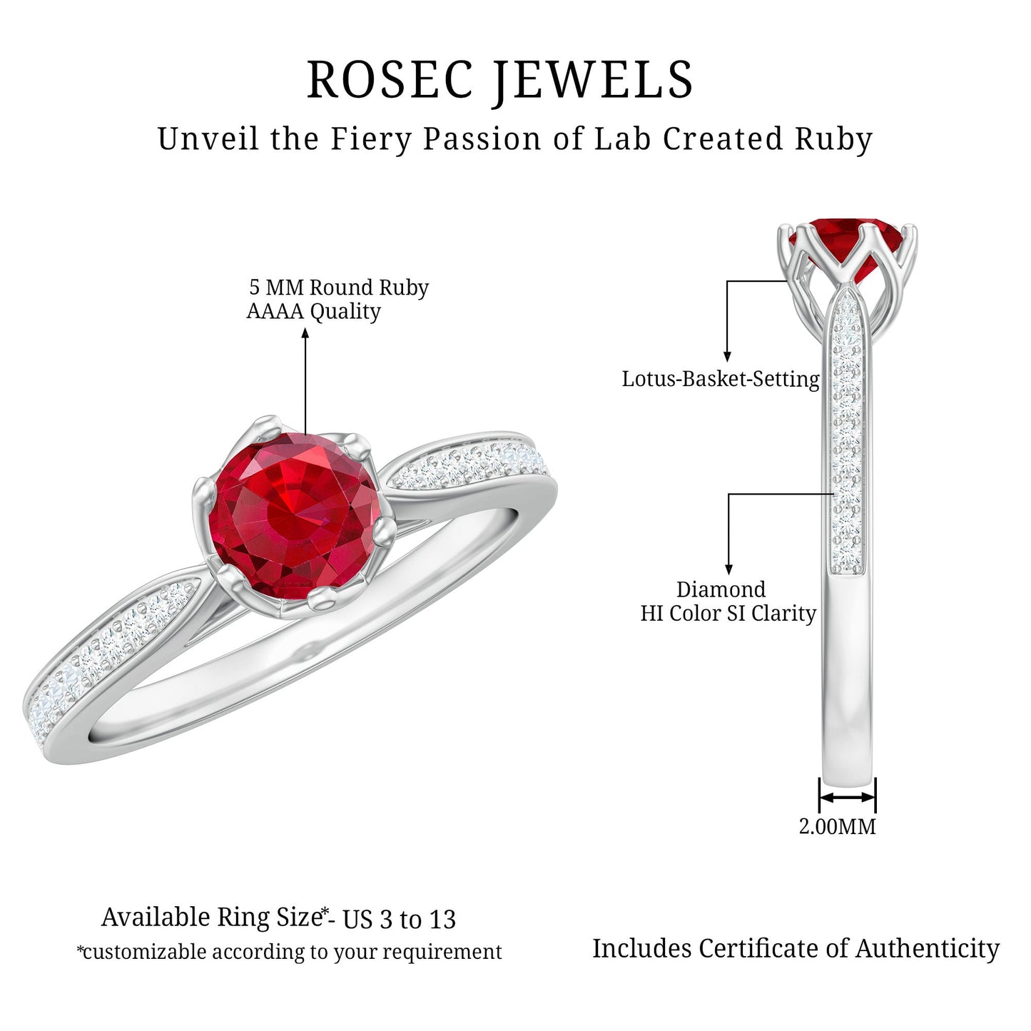 1 CT Round Shape Created Ruby Solitaire Engagement Ring with Diamond