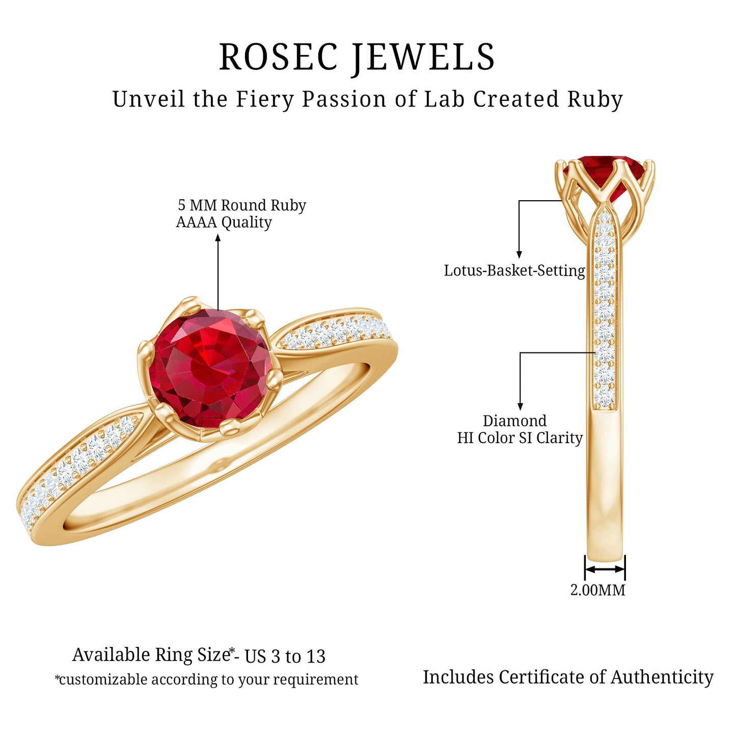 1 CT Round Shape Created Ruby Solitaire Engagement Ring with Diamond