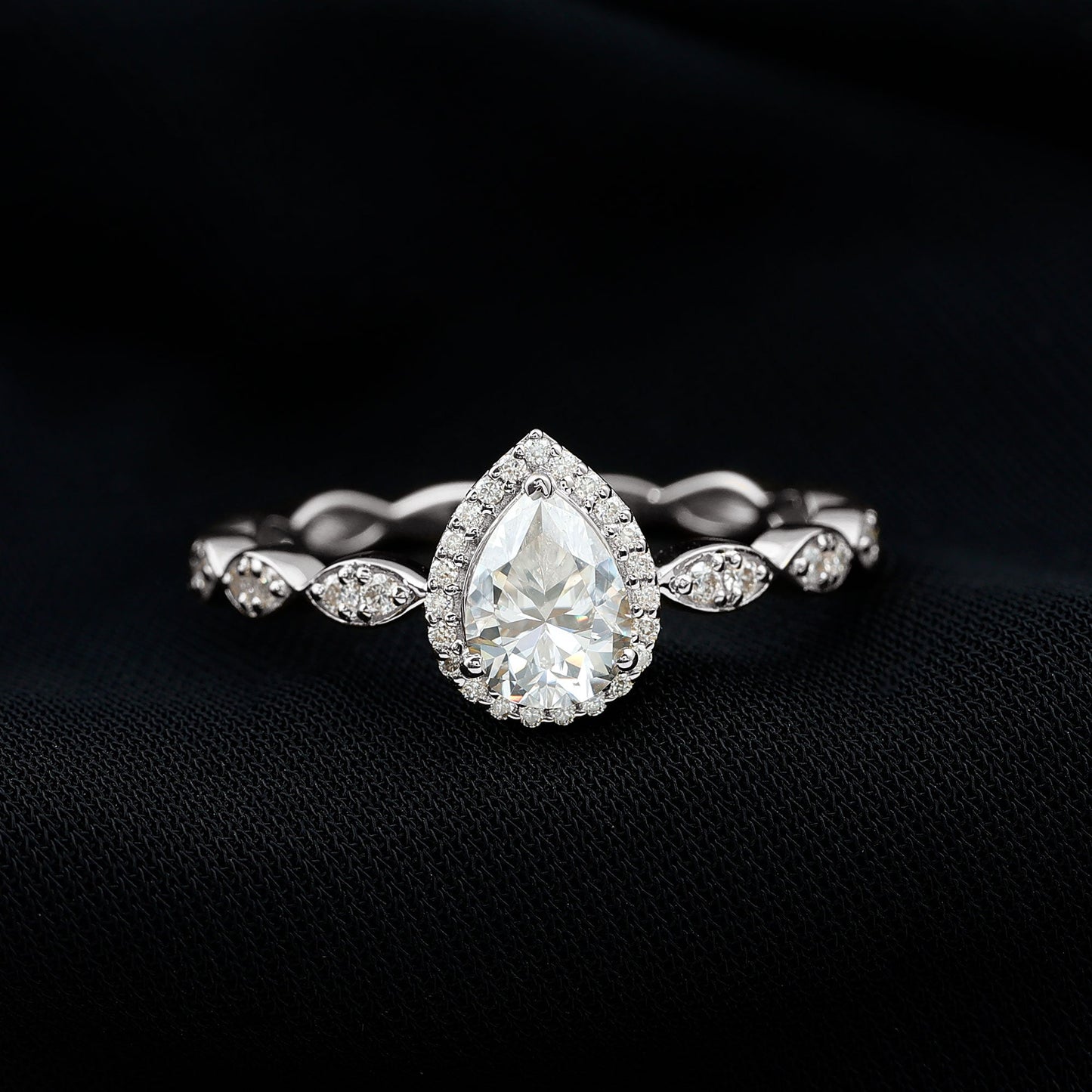Cubic Zirconia Pear Halo Engagement Ring with Side Stones