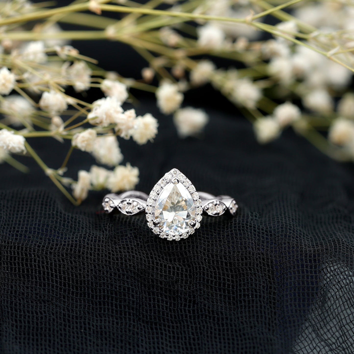 Cubic Zirconia Pear Halo Engagement Ring with Side Stones