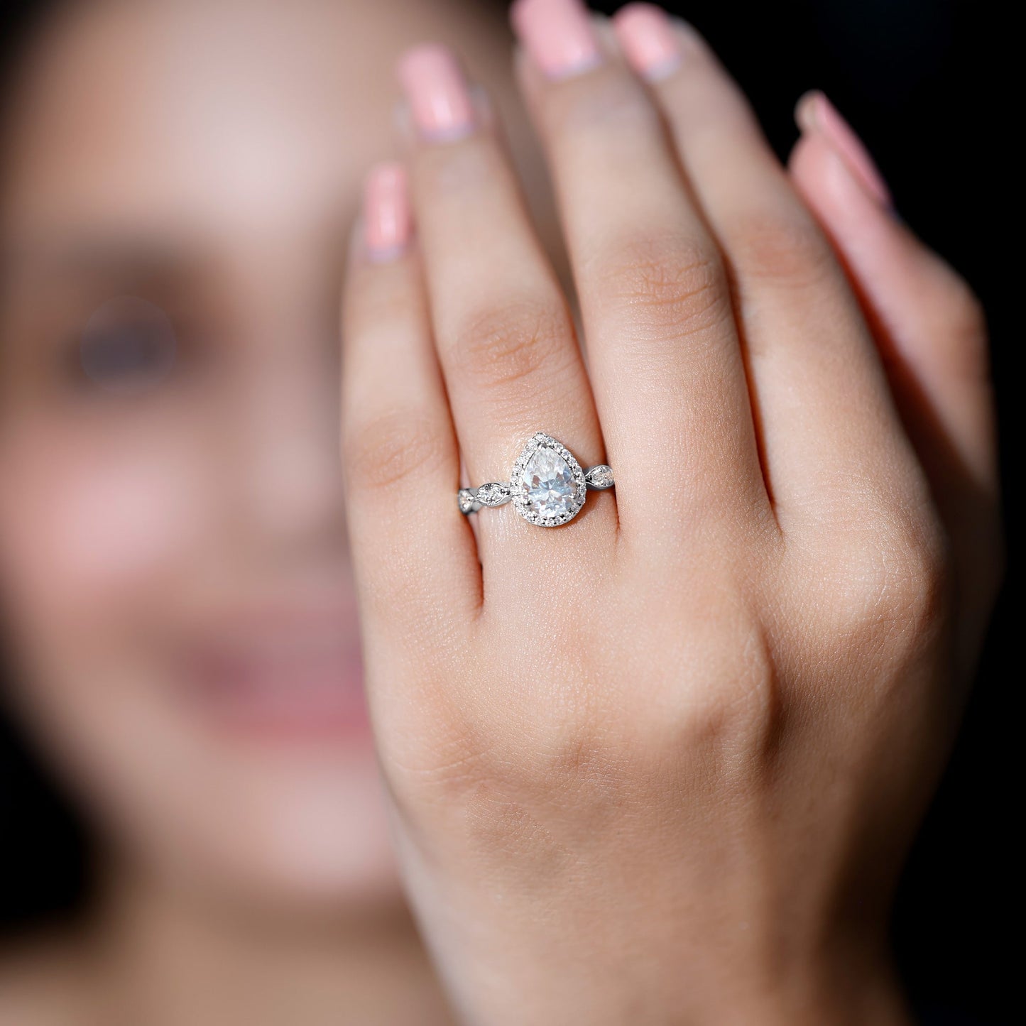 Cubic Zirconia Pear Halo Engagement Ring with Side Stones