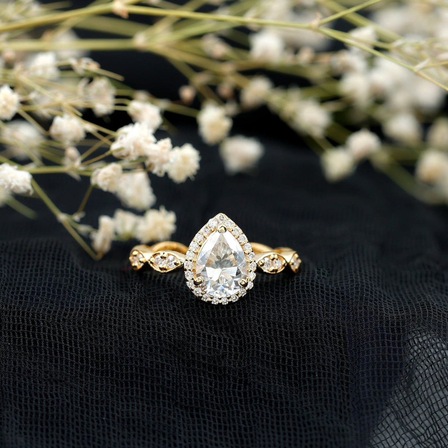Cubic Zirconia Pear Halo Engagement Ring with Side Stones
