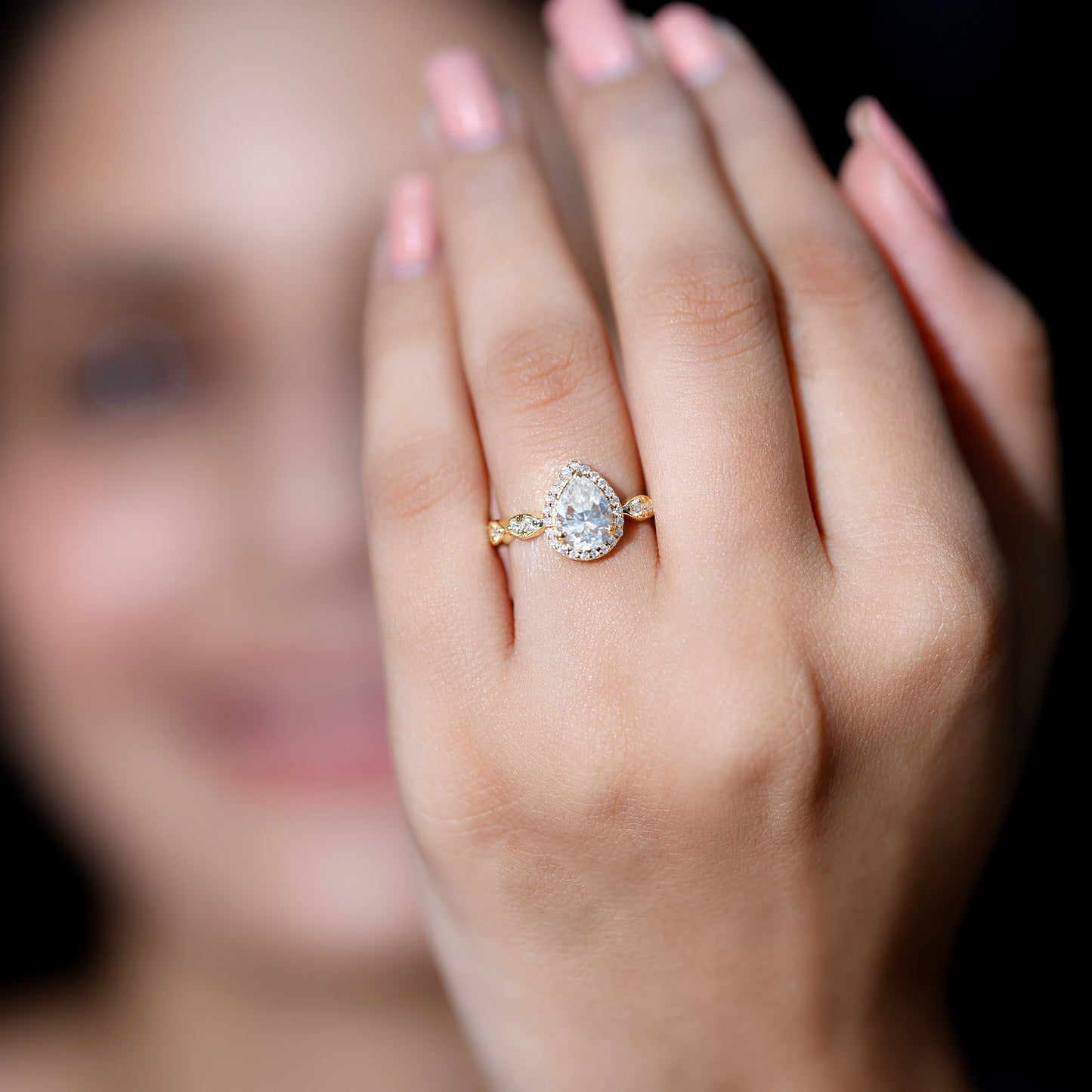 Cubic Zirconia Pear Halo Engagement Ring with Side Stones