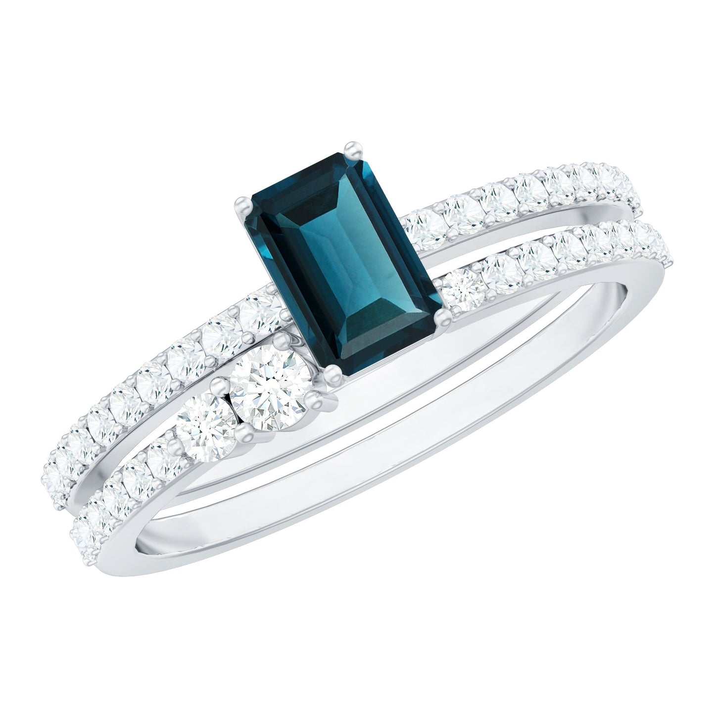 4X6mm Emerald Cut London Blue Topaz Wedding Ring Set with Diamond