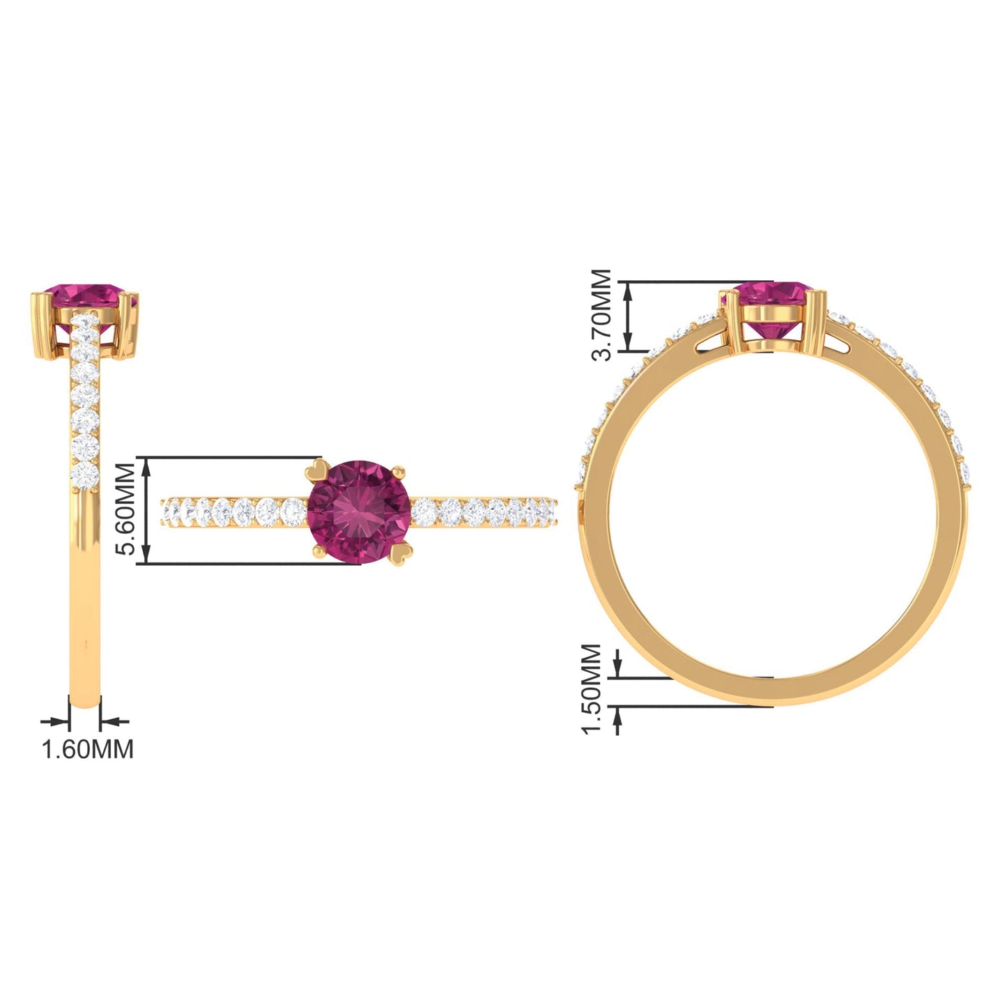1 CT Real Pink Tourmaline Solitaire Promise Ring with Diamond Side Stones