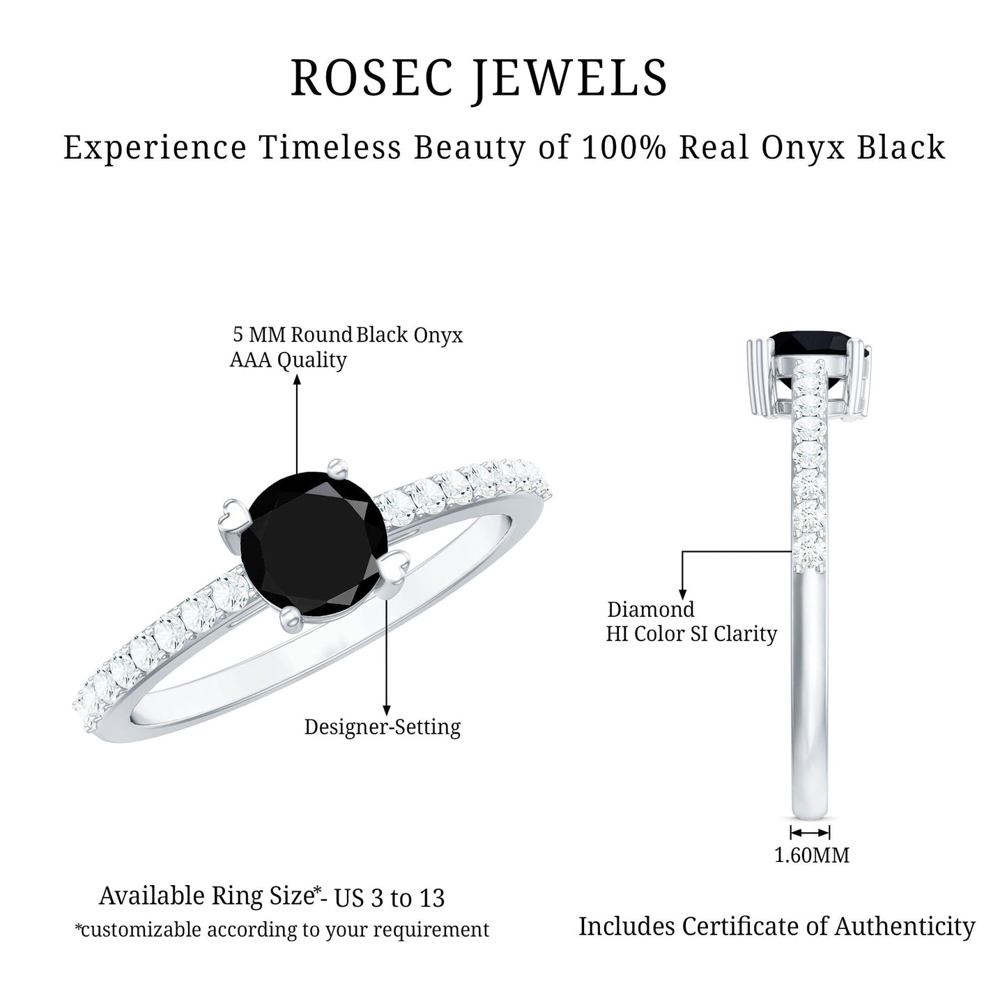 Round Black Onyx Promise Ring with Diamond Side Stones