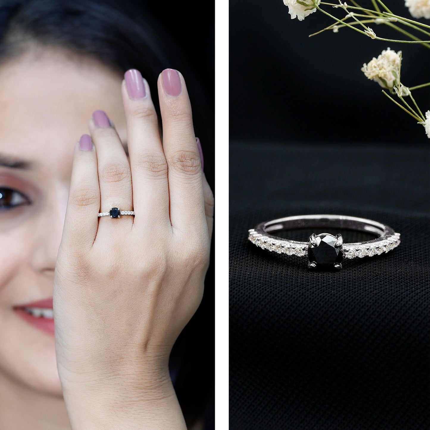 Round Black Onyx Promise Ring with Diamond Side Stones