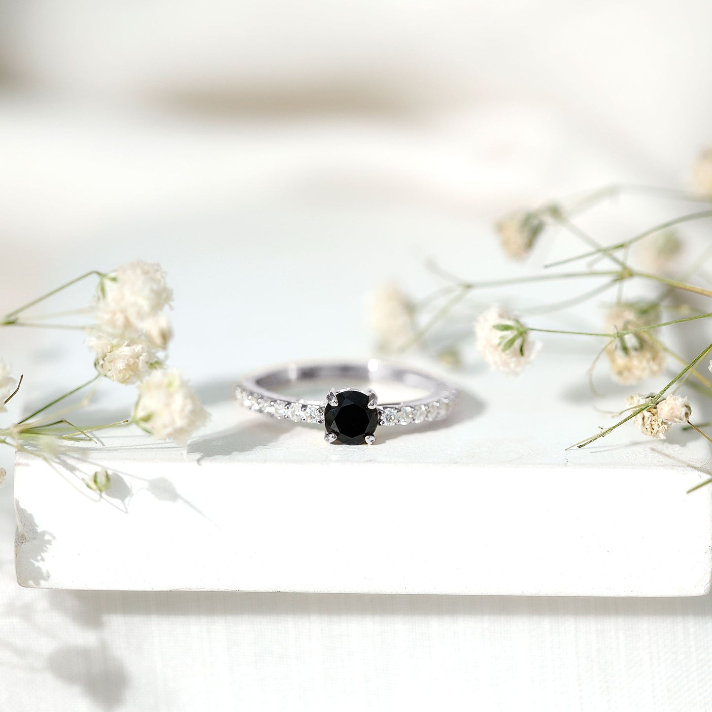 Round Black Onyx Promise Ring with Diamond Side Stones