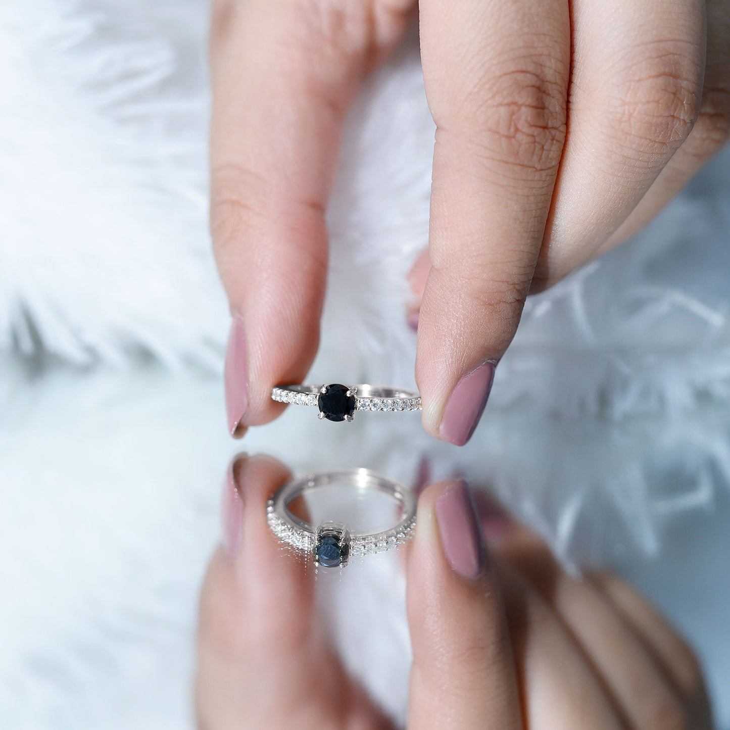 Round Black Onyx Promise Ring with Diamond Side Stones