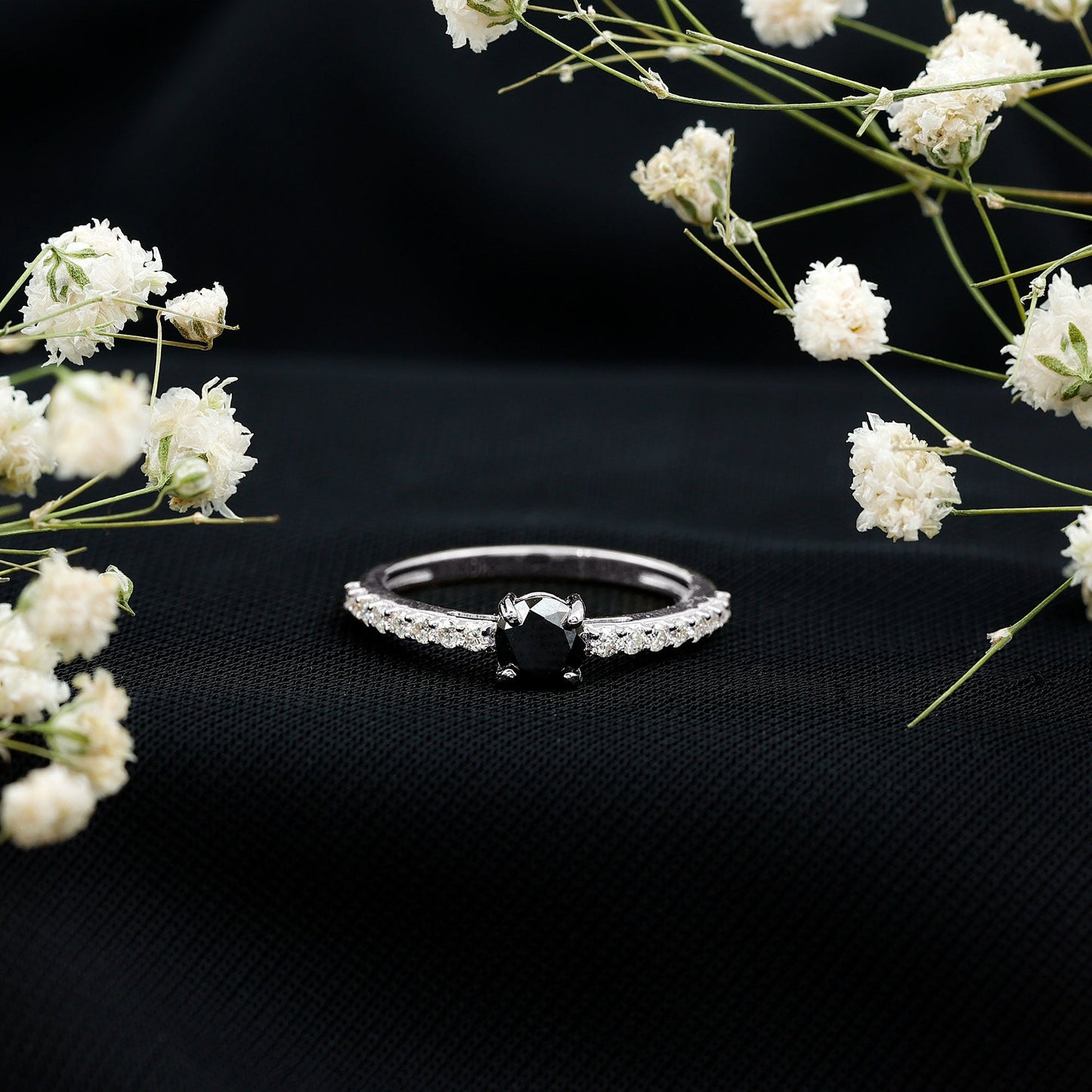 Round Black Onyx Promise Ring with Diamond Side Stones