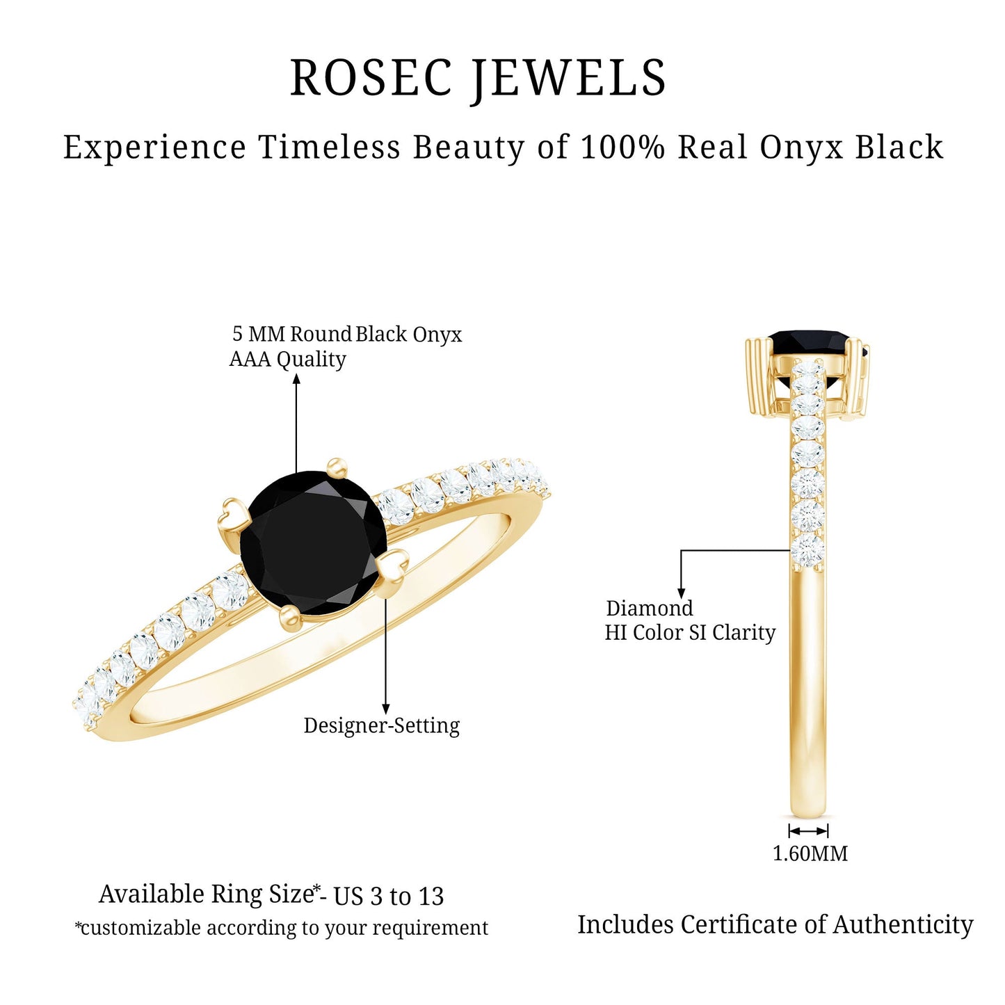 Round Black Onyx Promise Ring with Diamond Side Stones