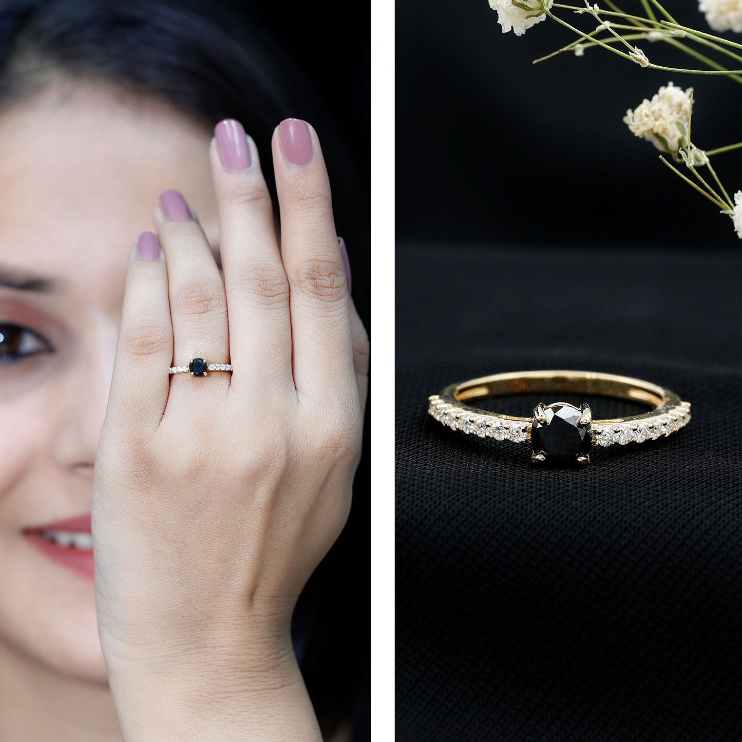 Round Black Onyx Promise Ring with Diamond Side Stones