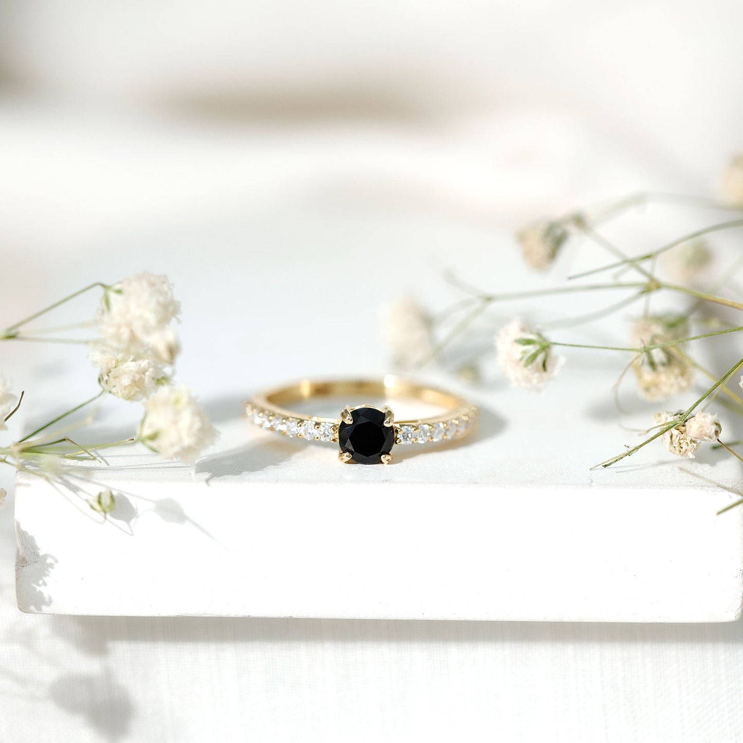 Round Black Onyx Promise Ring with Diamond Side Stones