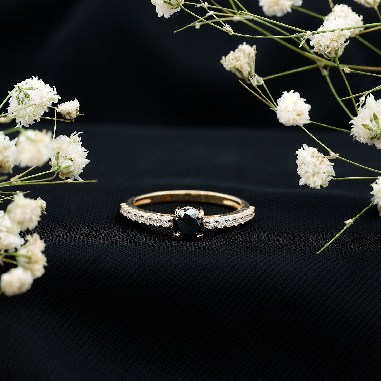 Round Black Onyx Promise Ring with Diamond Side Stones
