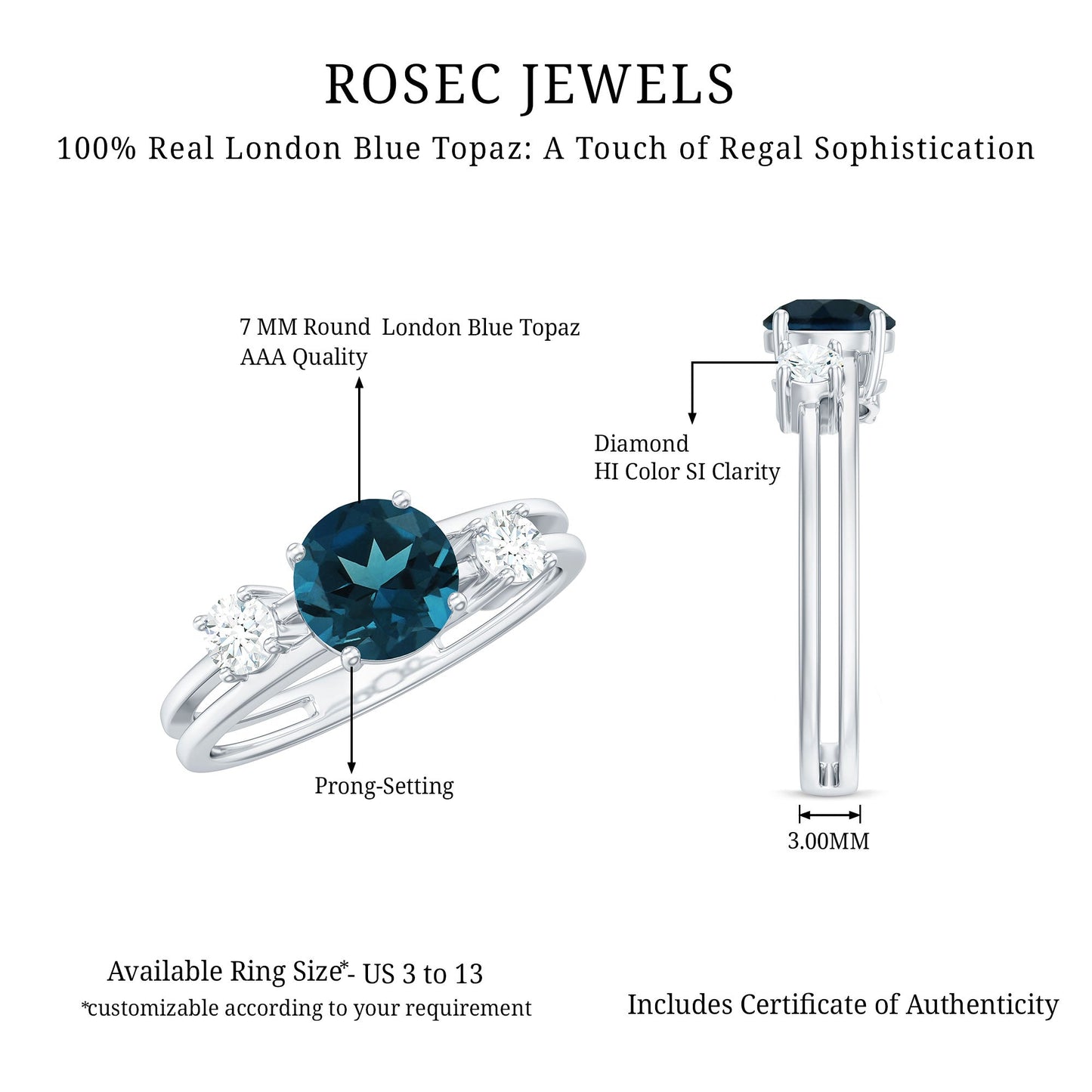 7mm Round London Blue Topaz Double Band Engagement Ring with Diamond