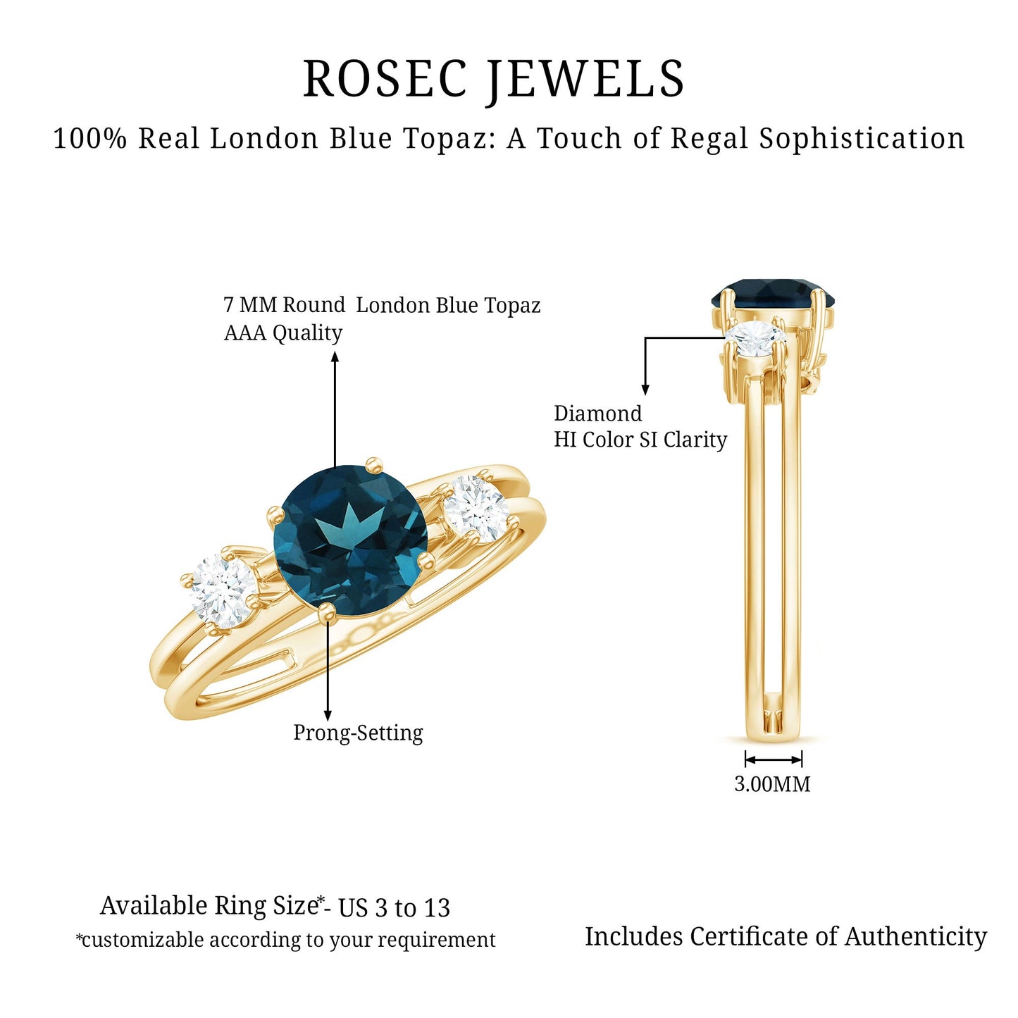 7mm Round London Blue Topaz Double Band Engagement Ring with Diamond