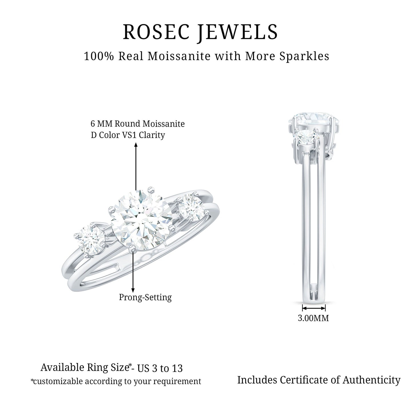 Brilliant Cut Moissanite 3 Stone Engagement Ring with Double Band
