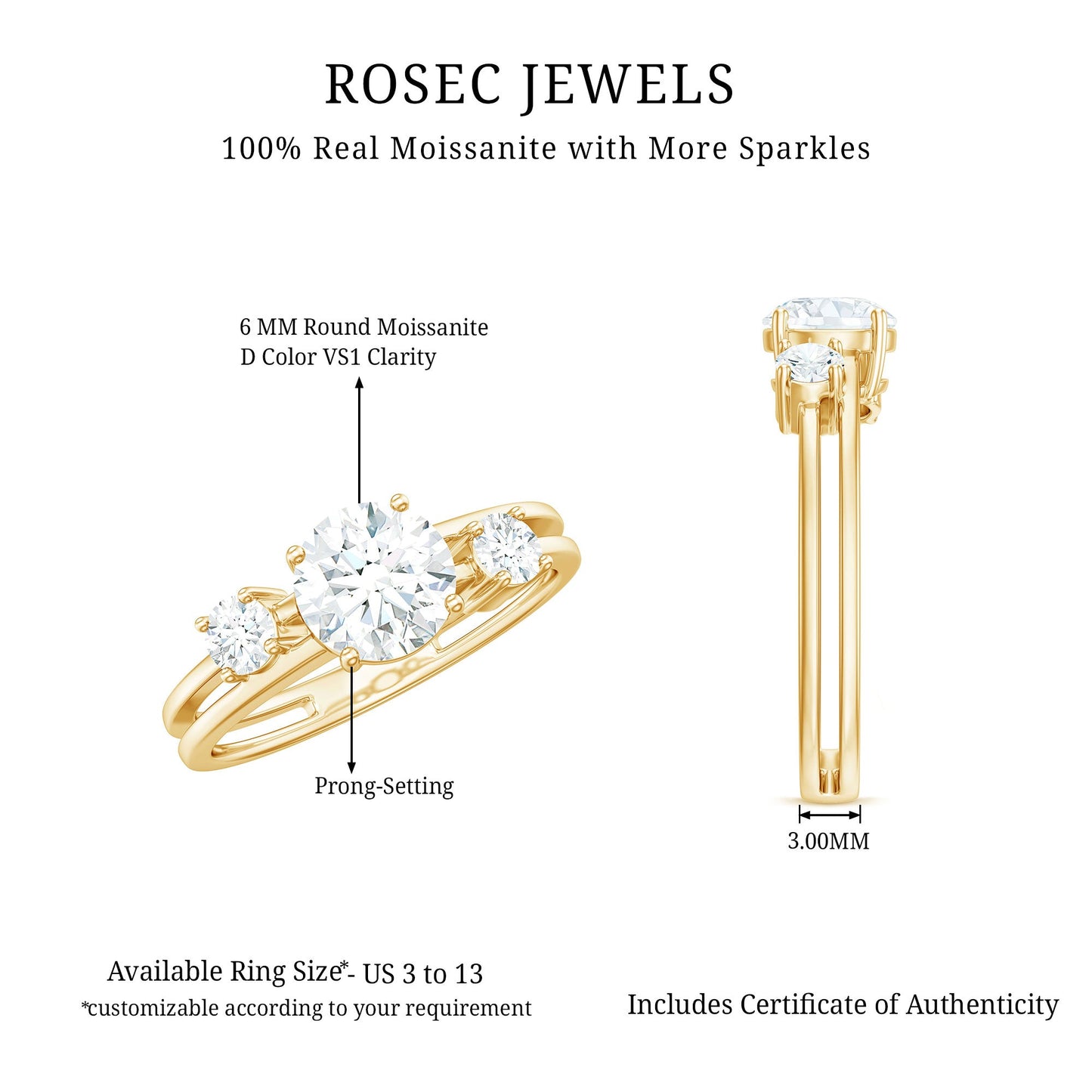 Brilliant Cut Moissanite 3 Stone Engagement Ring with Double Band