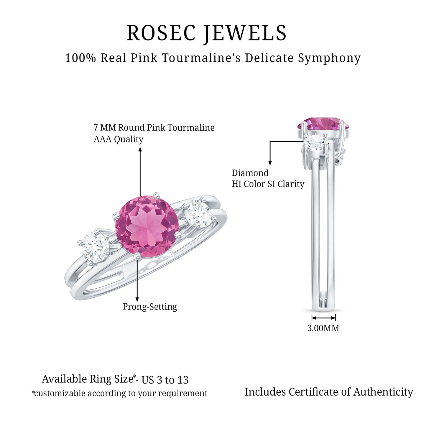 1 CT Genuine Pink Tourmaline Solitaire Double Band Ring with Diamond