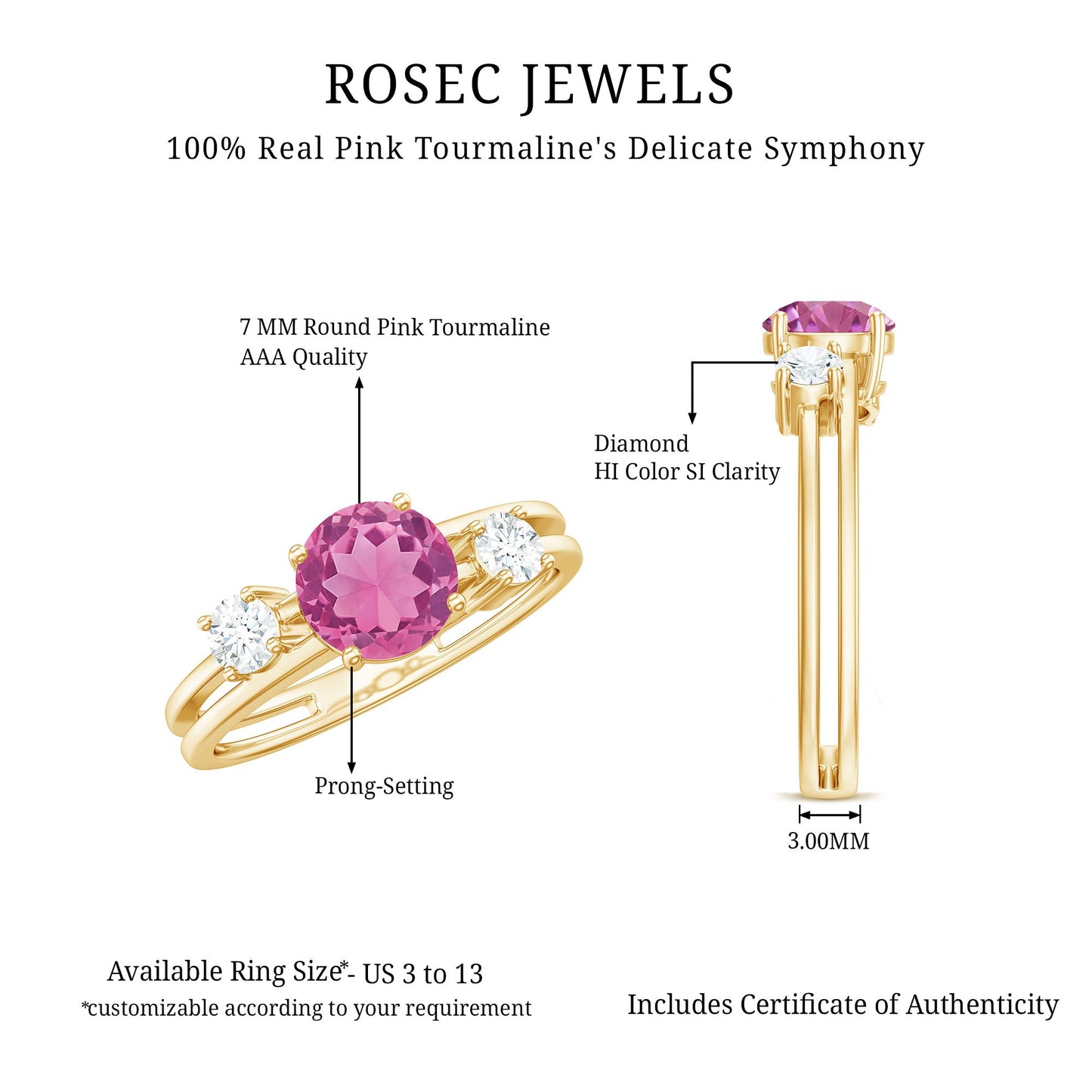 1 CT Genuine Pink Tourmaline Solitaire Double Band Ring with Diamond