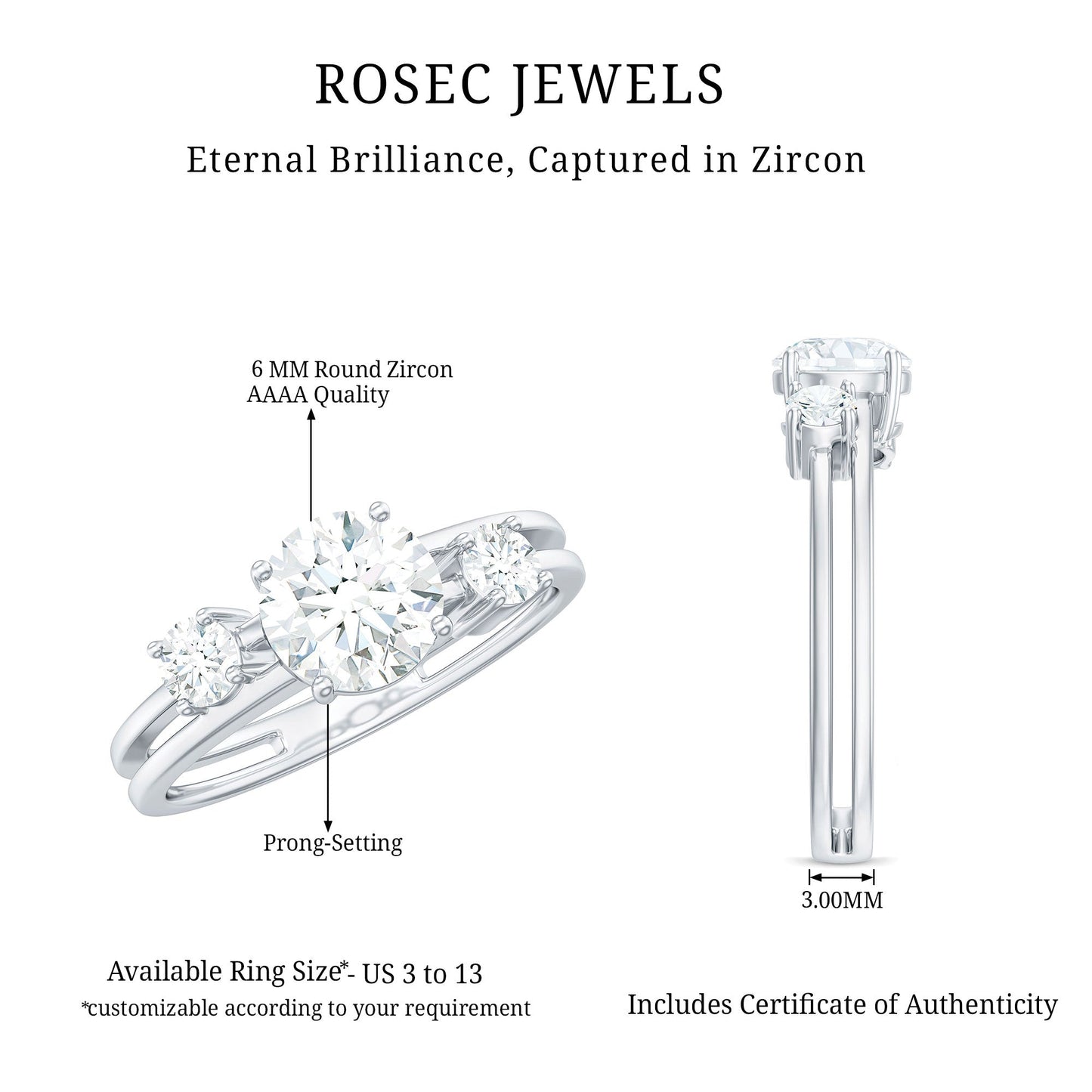 Certified Cubic Zirconia Three Stone Double Band Ring