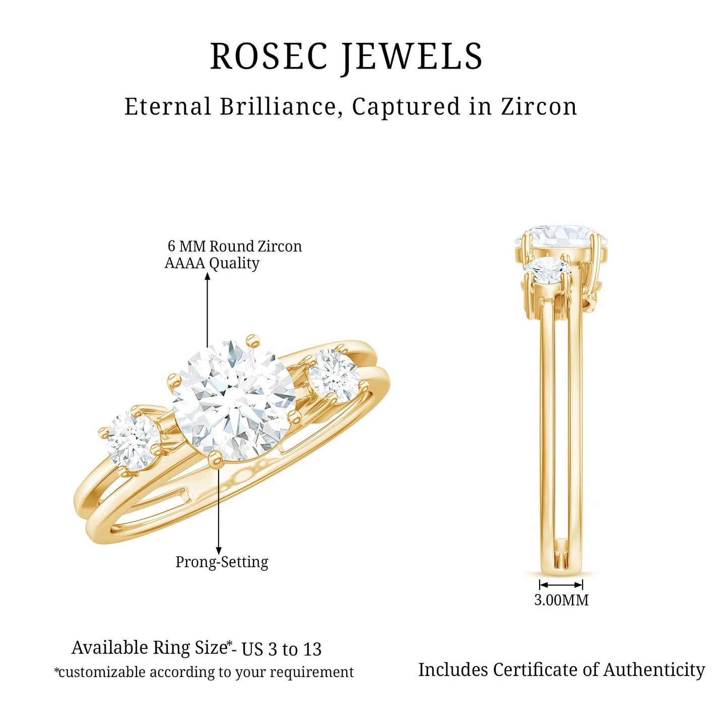 Certified Cubic Zirconia Three Stone Double Band Ring