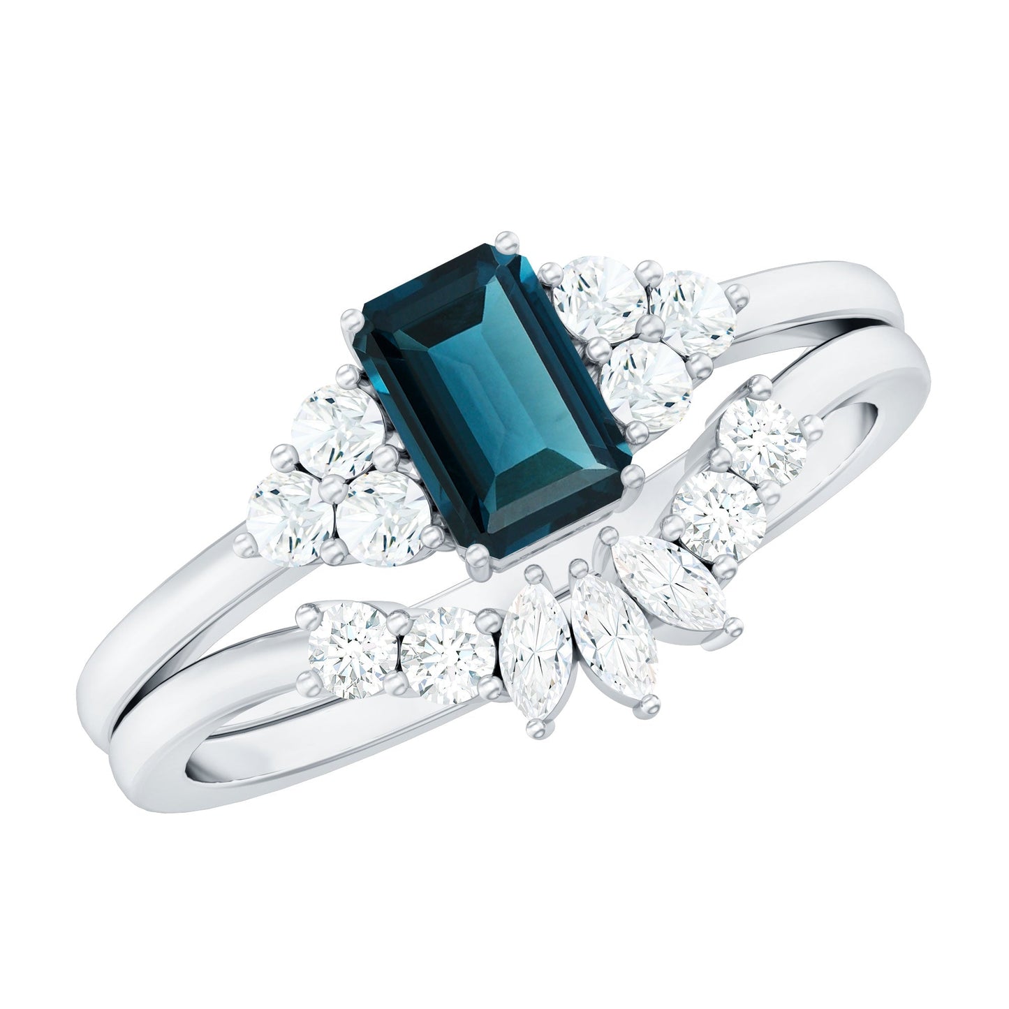 4X6mm Emerald Cut London Blue Topaz Designer Bridal Ring Set with Diamond
