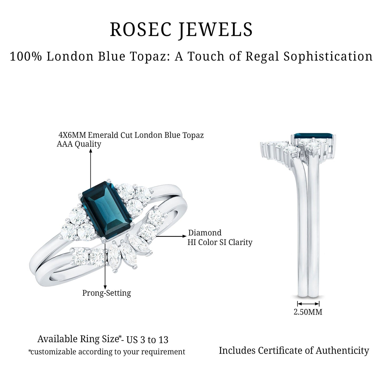 4X6mm Emerald Cut London Blue Topaz Designer Bridal Ring Set with Diamond