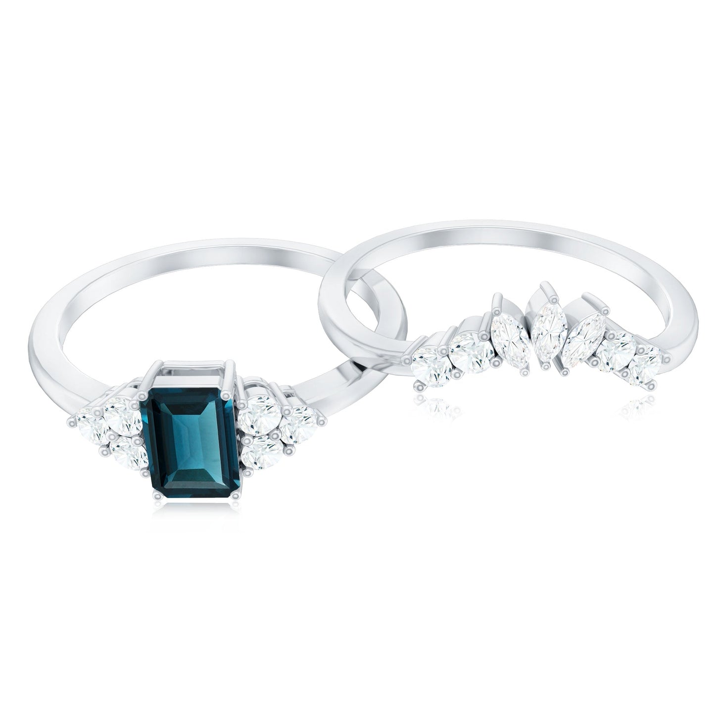 4X6mm Emerald Cut London Blue Topaz Designer Bridal Ring Set with Diamond