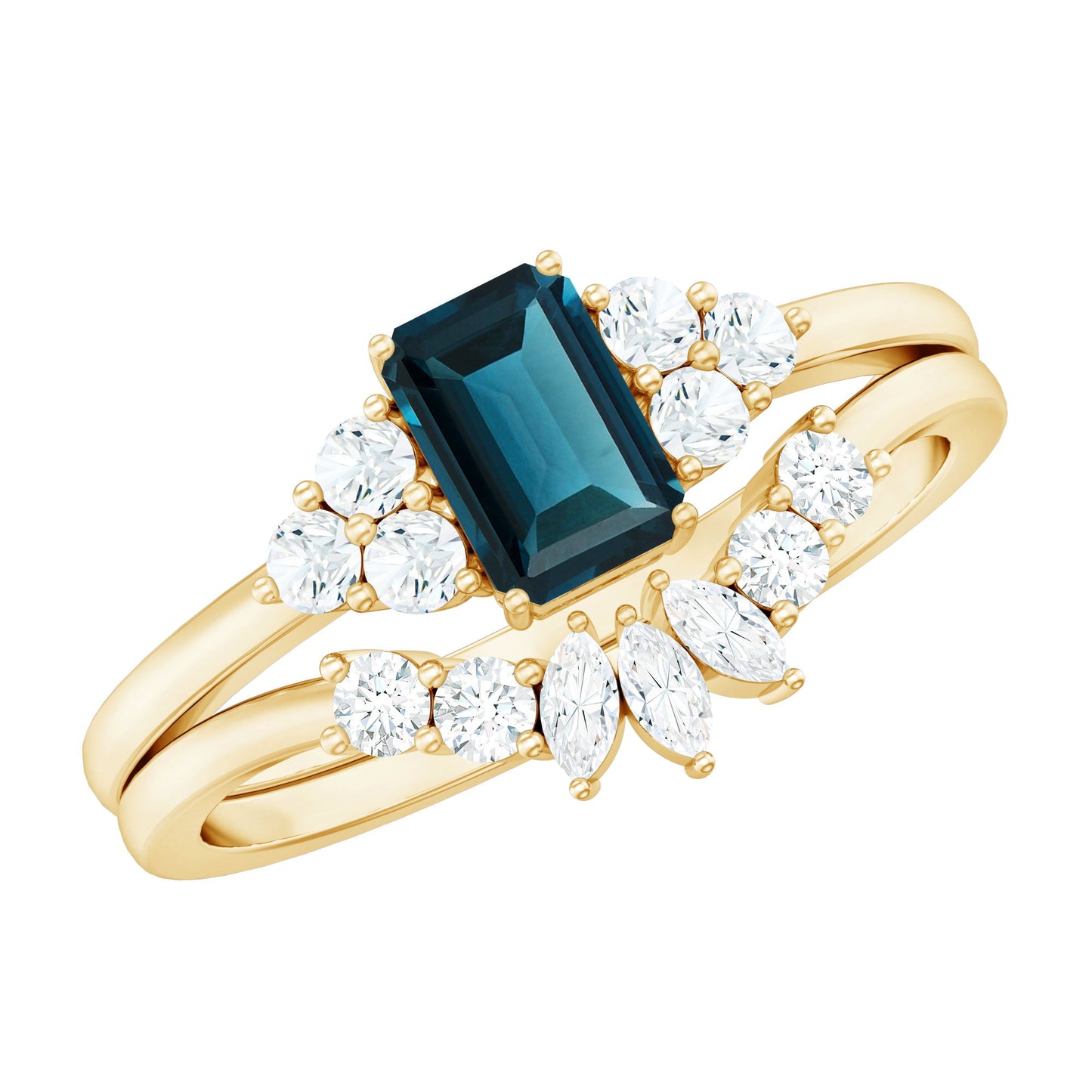 4X6mm Emerald Cut London Blue Topaz Designer Bridal Ring Set with Diamond
