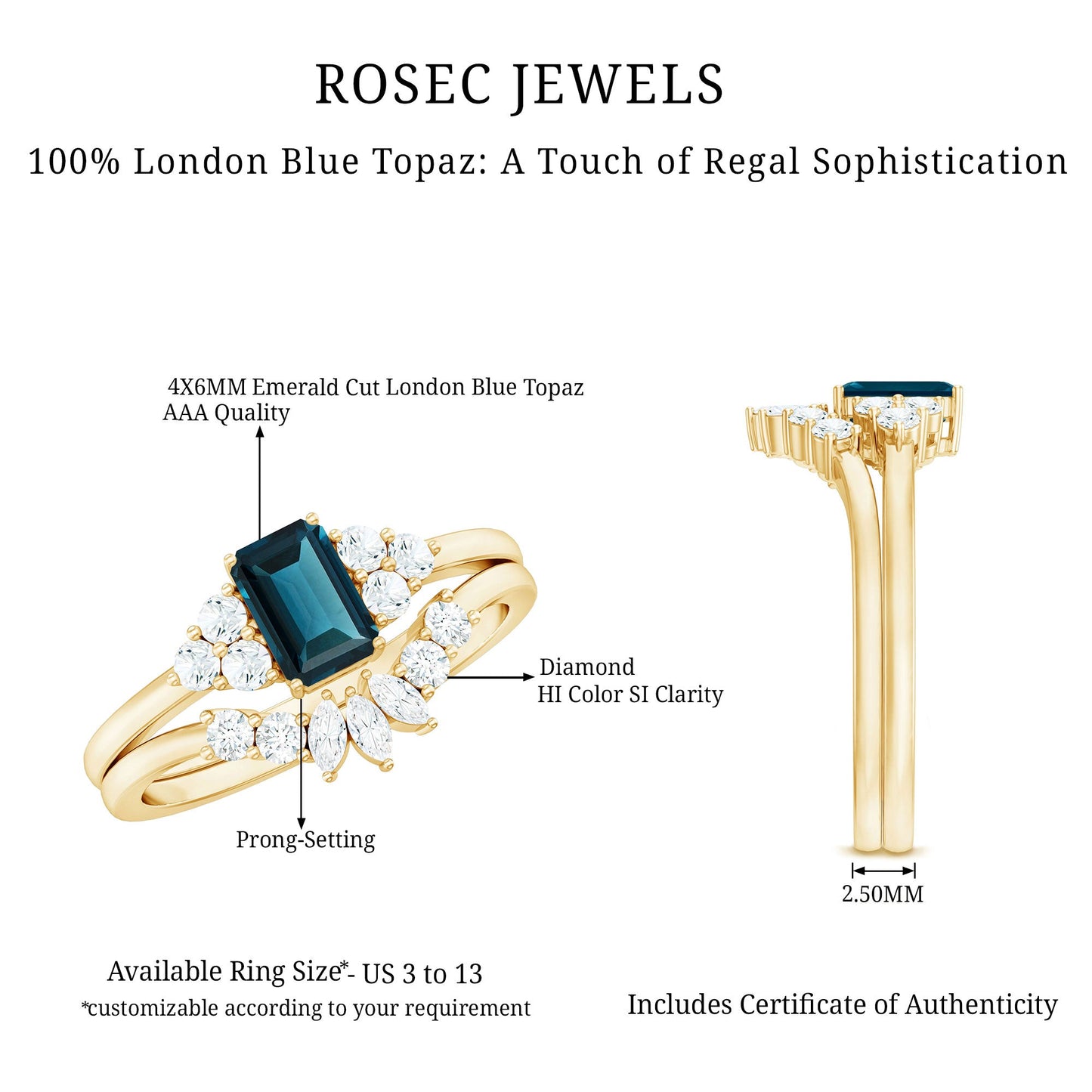 4X6mm Emerald Cut London Blue Topaz Designer Bridal Ring Set with Diamond