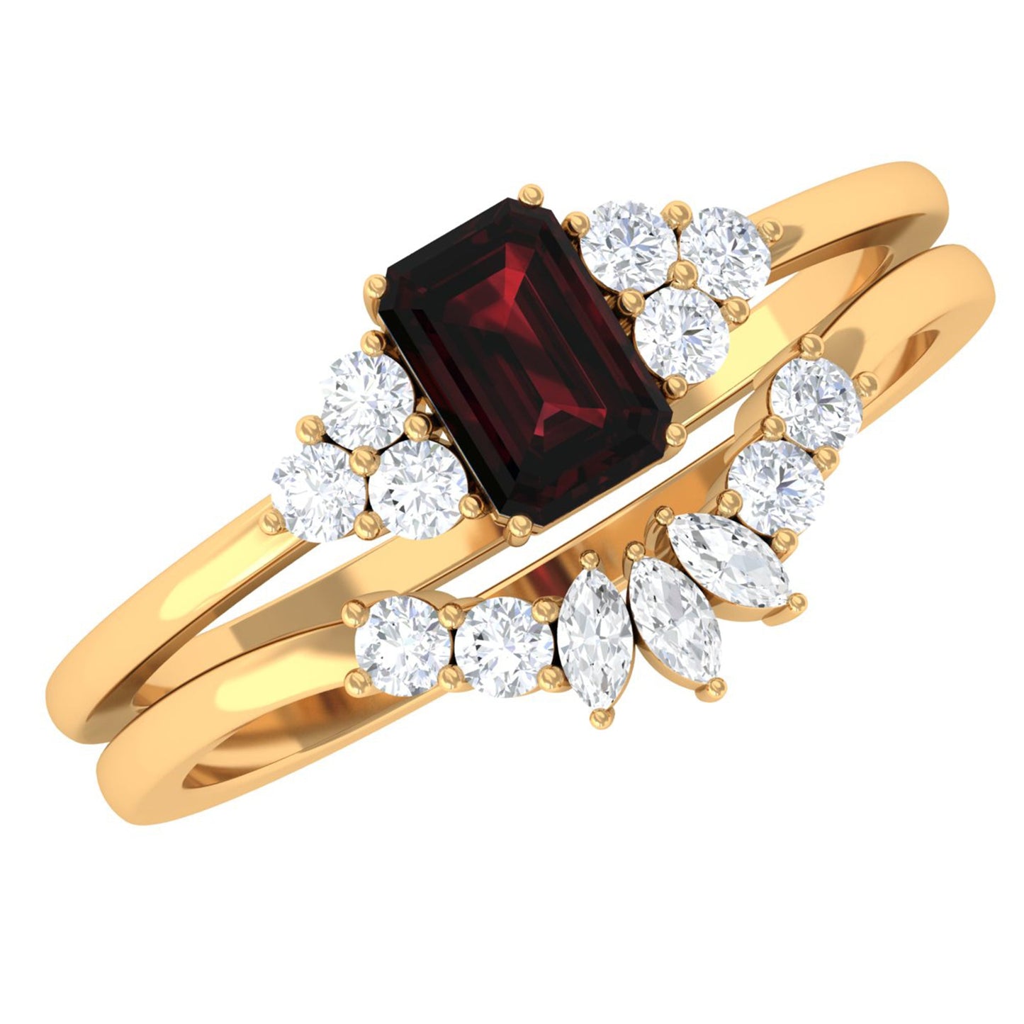 Genuine Garnet Diamond Emerald Cut Engagement Wedding Ring Set of 2
