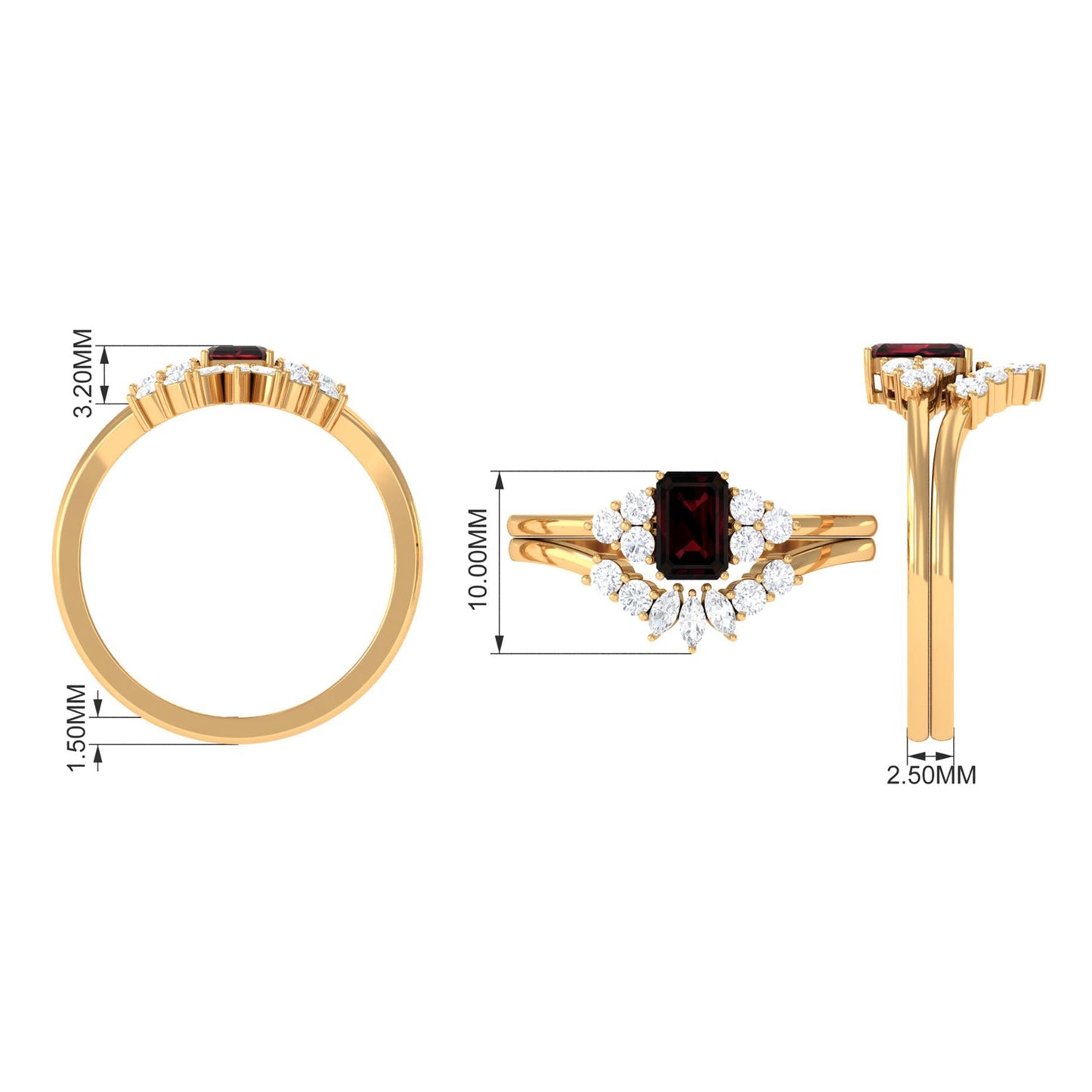 Genuine Garnet Diamond Emerald Cut Engagement Wedding Ring Set of 2
