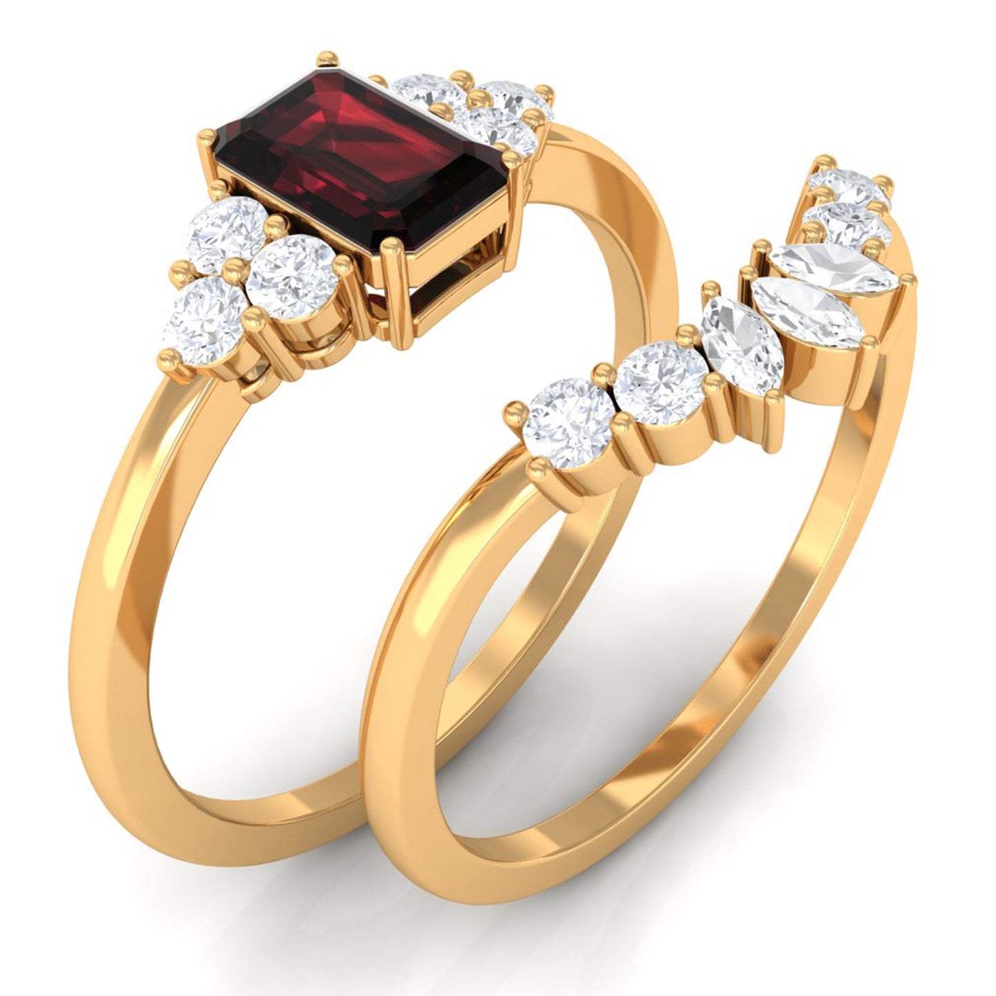 Genuine Garnet Diamond Emerald Cut Engagement Wedding Ring Set of 2