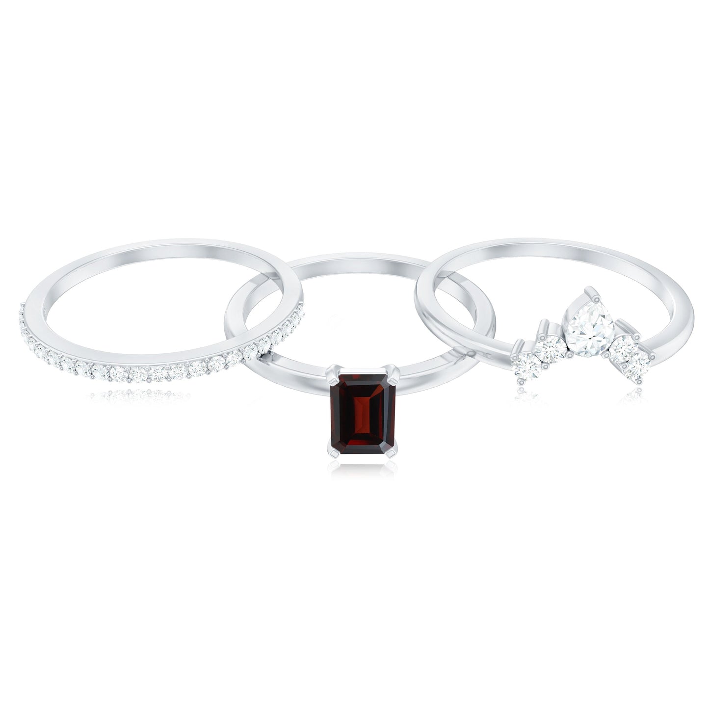Natural Emerald Cut Garnet Diamond 3 Piece Wedding Ring Set