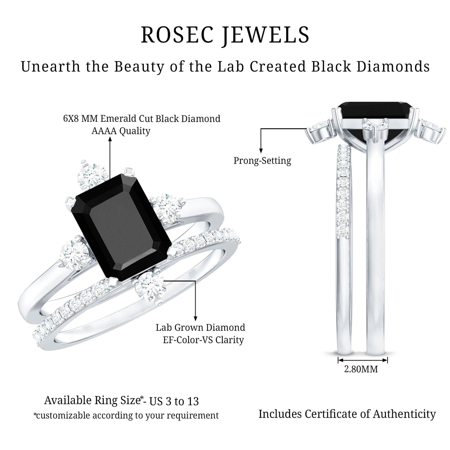 Certified 2 Carat Emerald Cut Lab Grown Black and White Diamond Engagement Ring with Enhancer
