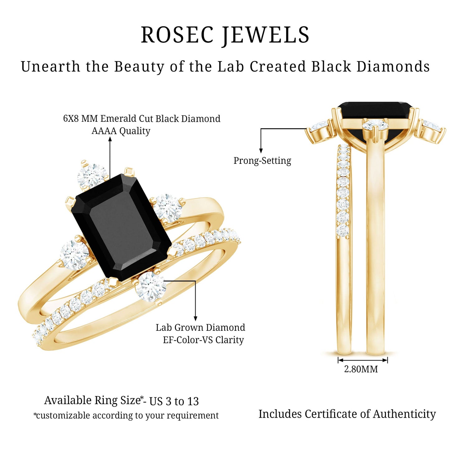 Certified 2 Carat Emerald Cut Lab Grown Black and White Diamond Engagement Ring with Enhancer