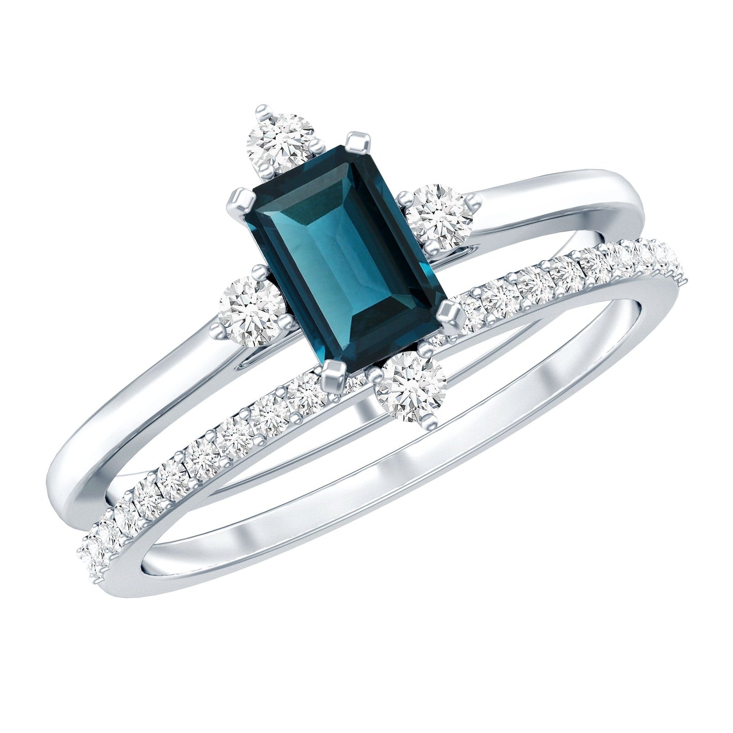 4X6mm Emerald Cut London Blue Topaz Wedding Ring Set with Diamond Band
