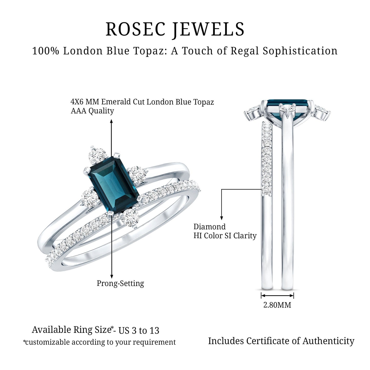 4X6mm Emerald Cut London Blue Topaz Wedding Ring Set with Diamond Band
