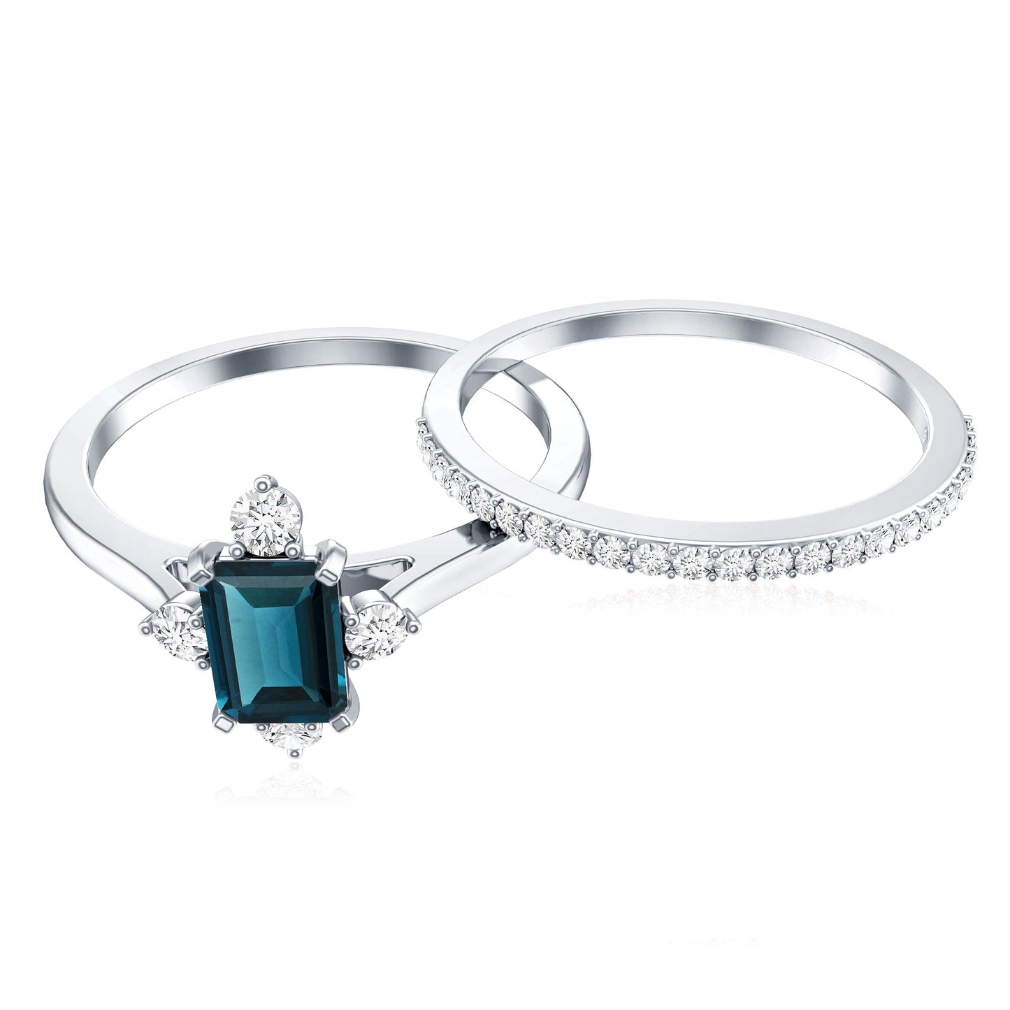 4X6mm Emerald Cut London Blue Topaz Wedding Ring Set with Diamond Band