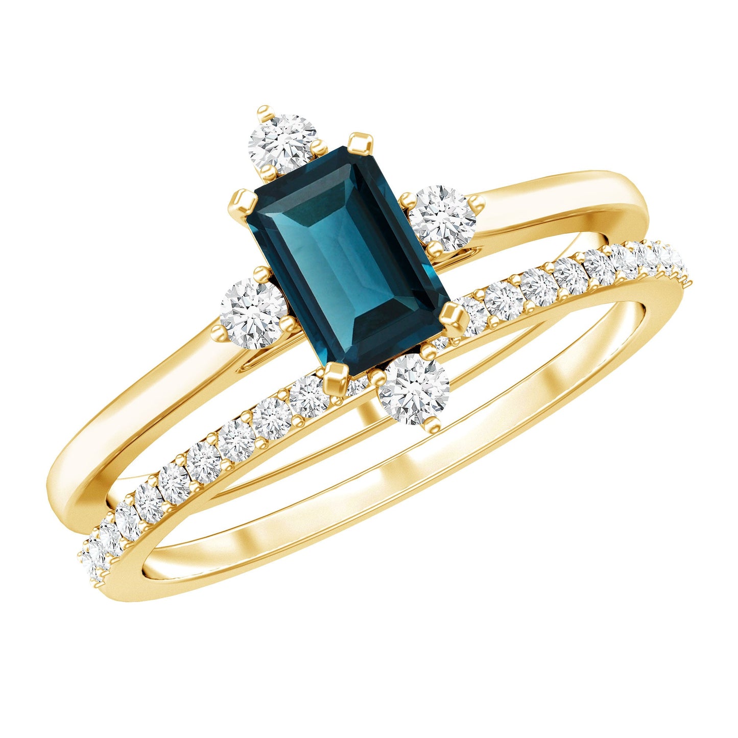 4X6mm Emerald Cut London Blue Topaz Wedding Ring Set with Diamond Band