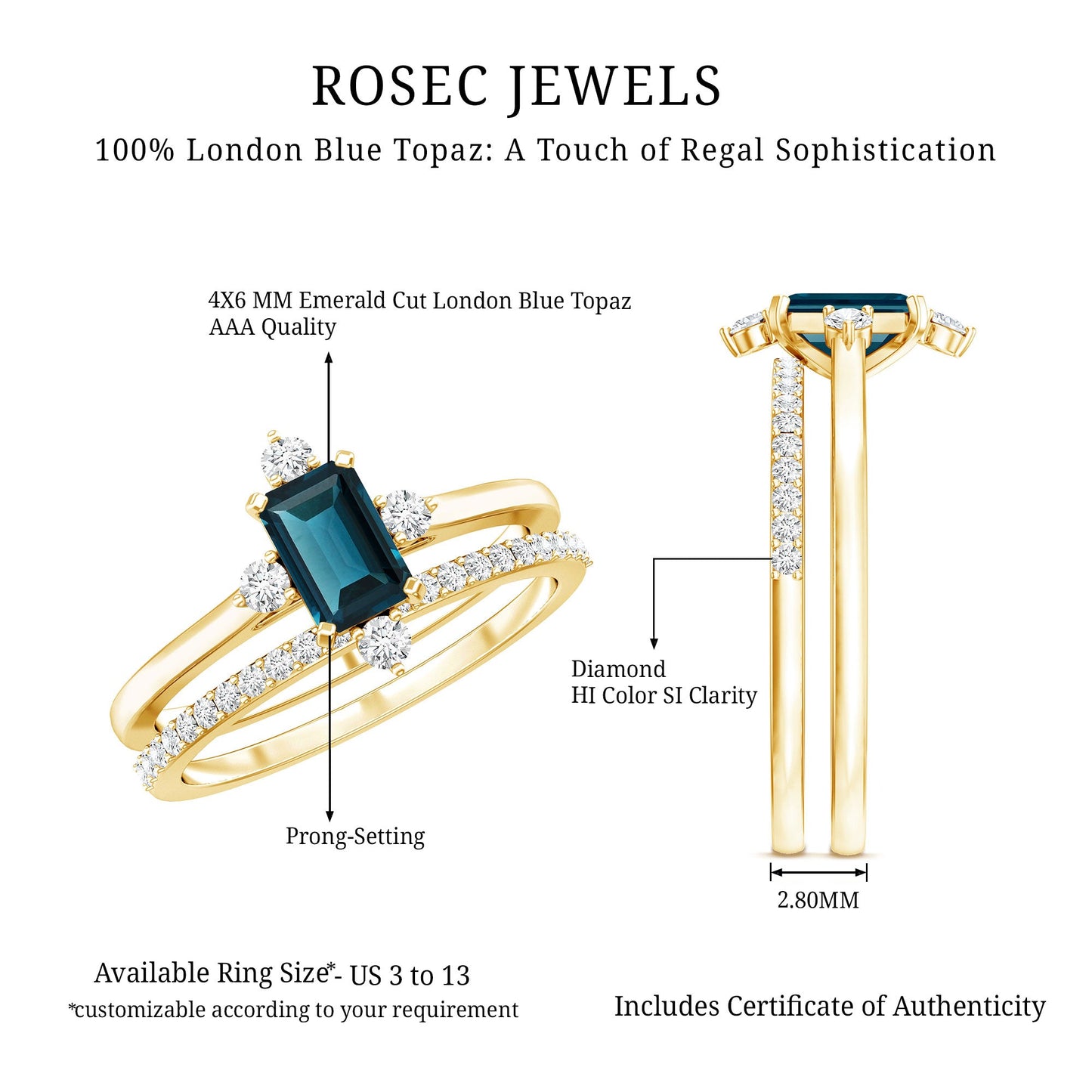 4X6mm Emerald Cut London Blue Topaz Wedding Ring Set with Diamond Band