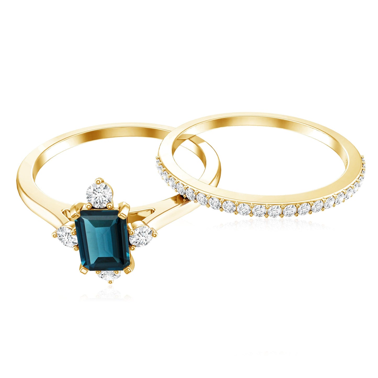 4X6mm Emerald Cut London Blue Topaz Wedding Ring Set with Diamond Band