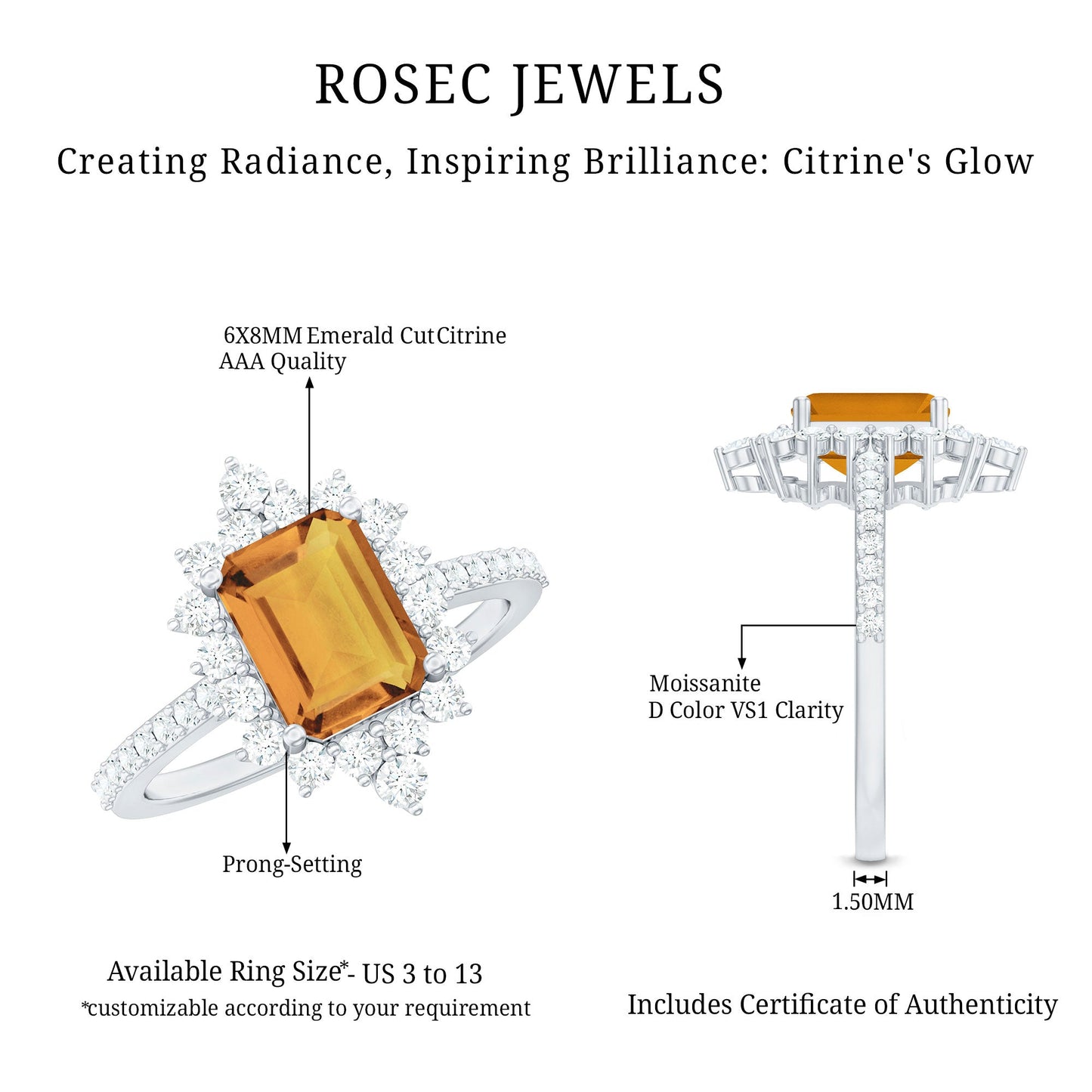 Vintage Looking Citrine Emerald Cut Engagement Ring with Halo