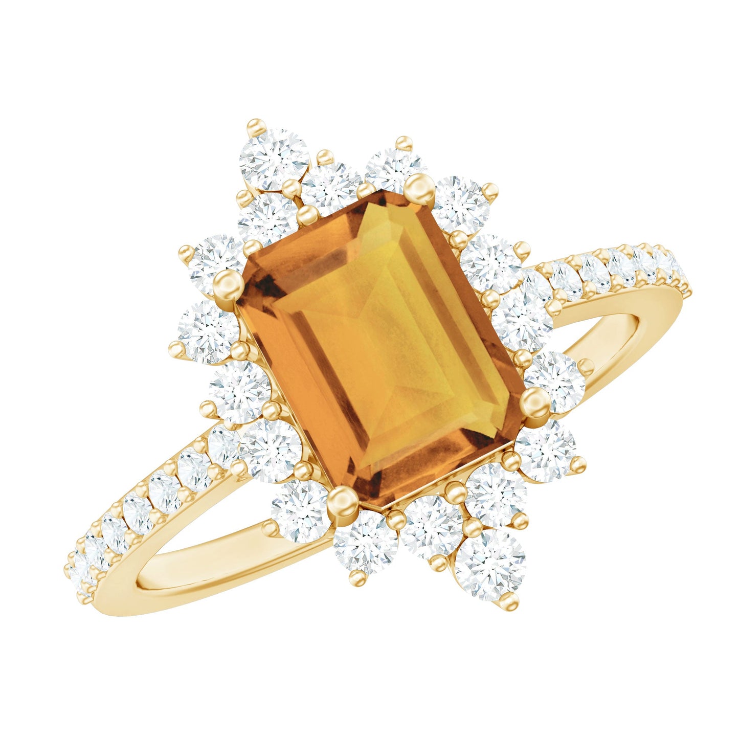 Vintage Looking Citrine Emerald Cut Engagement Ring with Halo