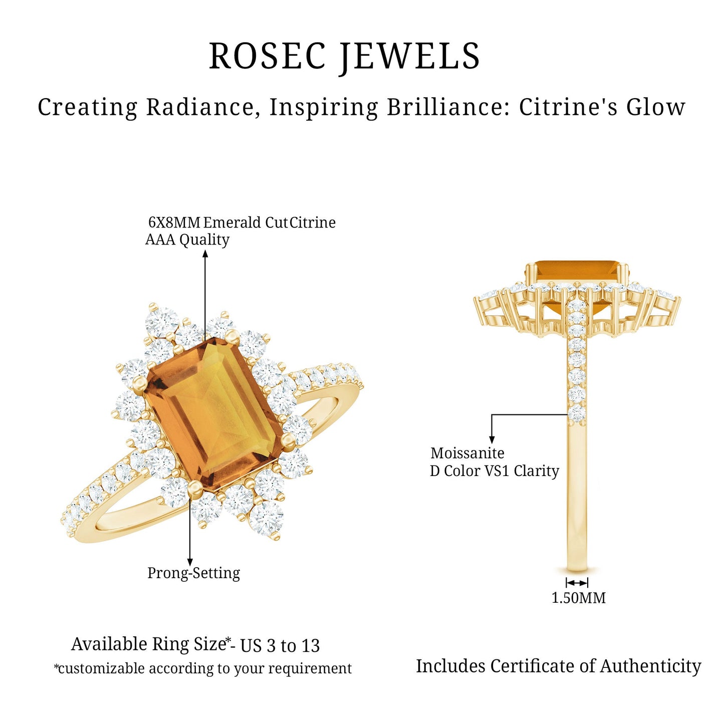 Vintage Looking Citrine Emerald Cut Engagement Ring with Halo