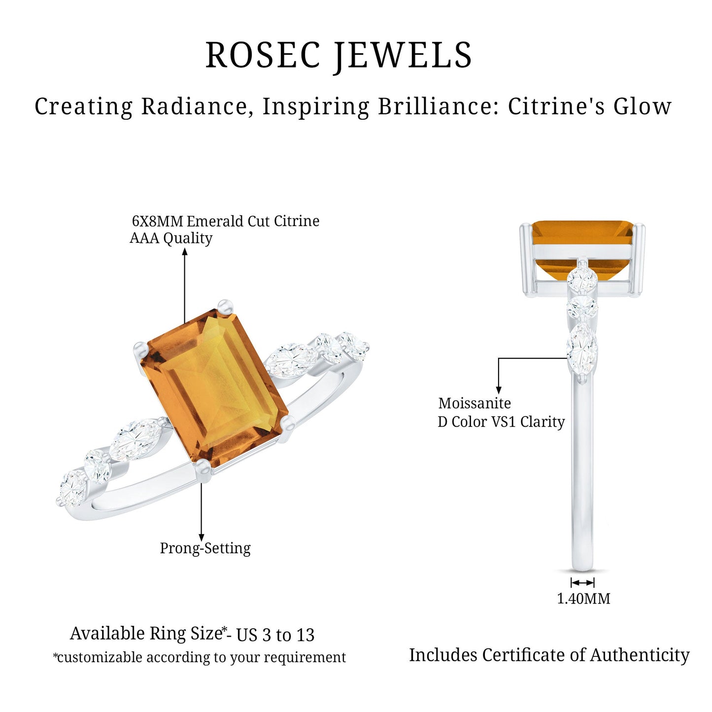 Certified Real Citrine Emerald Cut Engagement Ring with Moissanite