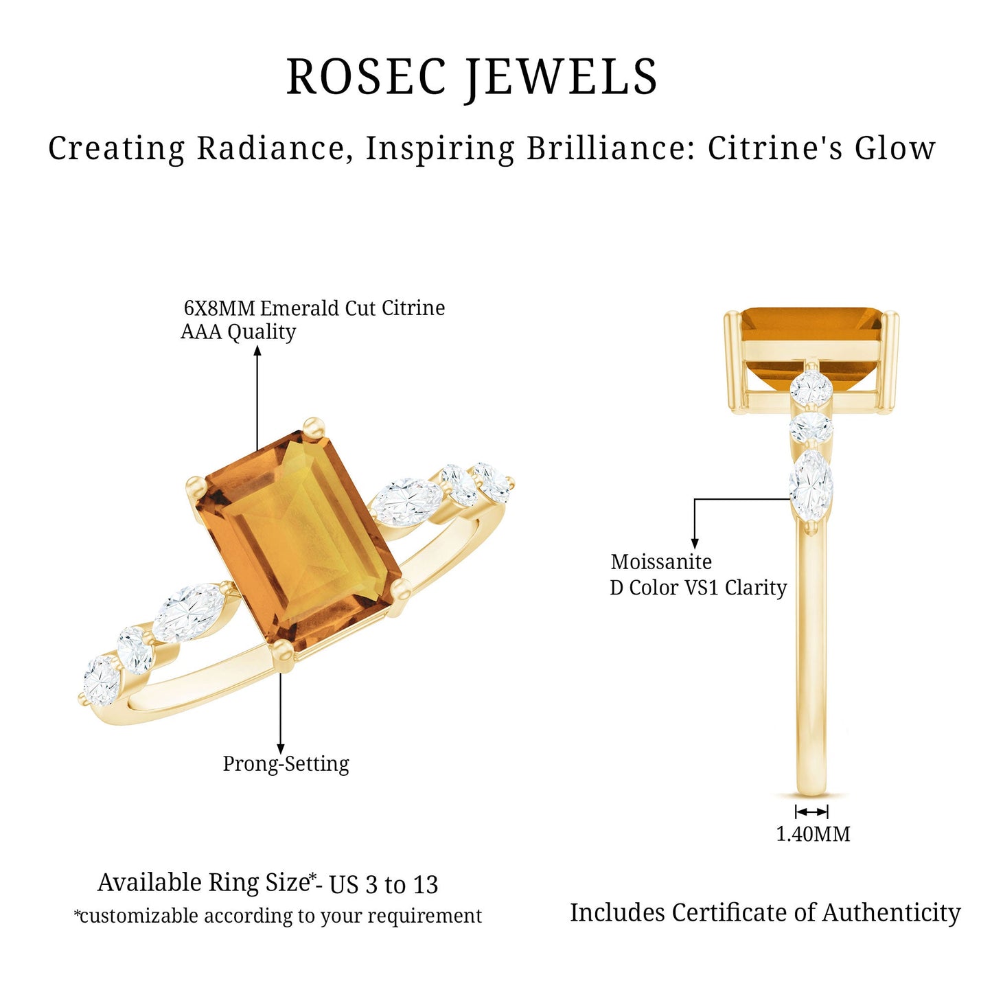 Certified Real Citrine Emerald Cut Engagement Ring with Moissanite